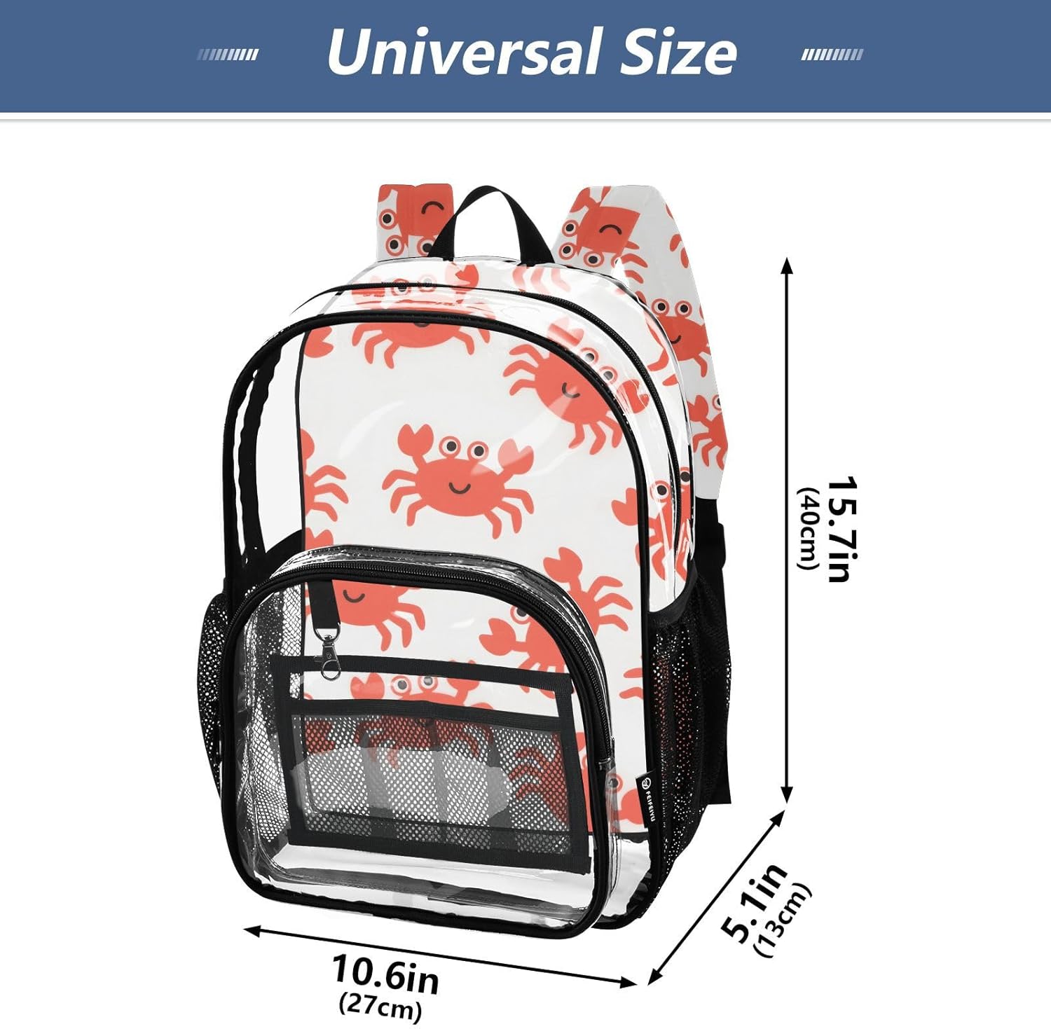 Cartoon Red Crab on White Clear Backpack Heavy Duty See Through Transparent PVC BookBag for Kids Boy Girl Adult School Work