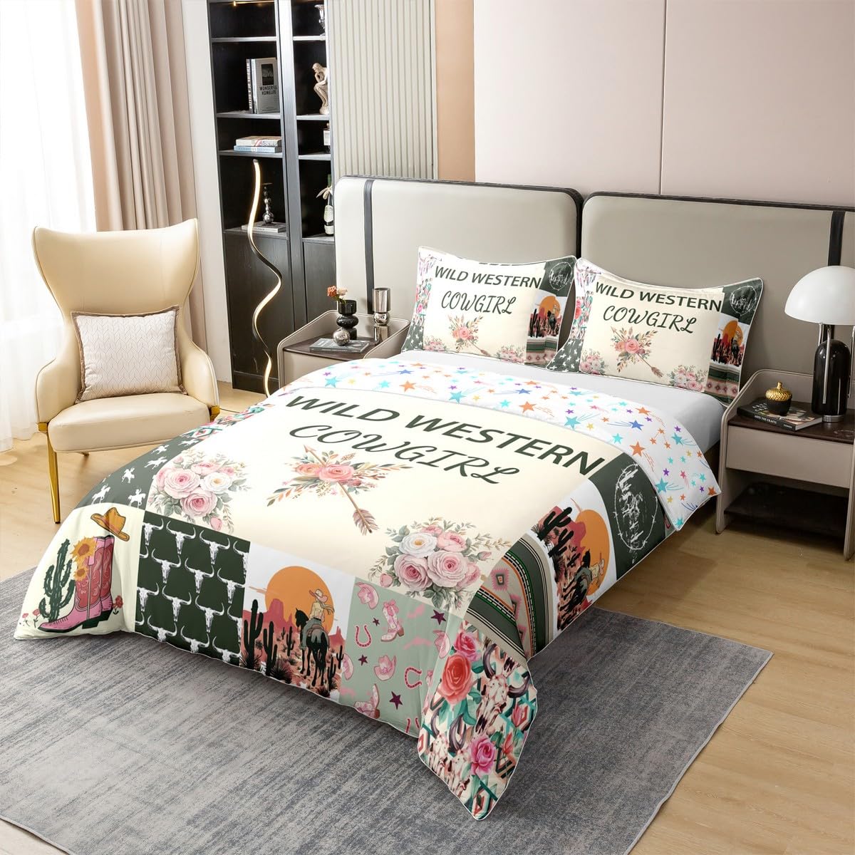 Homemissing Set di biancheria da letto per bambini verde occidentale azteco letto singolo stivali selvaggi cowgirl copripiumino 100% cotone per ragazzi decorazione camera da letto toro teschio
