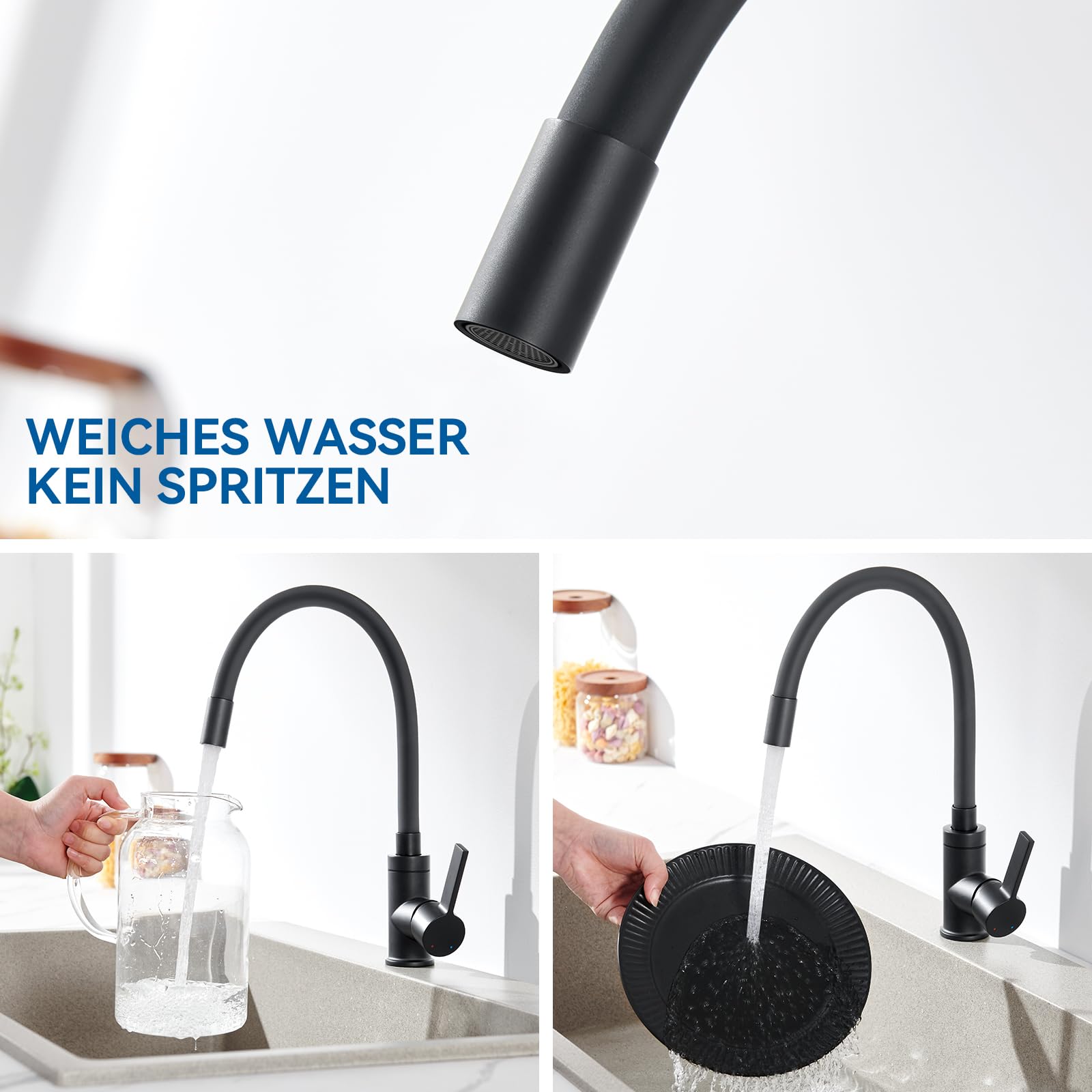 Auralum Wasserhahn Küche mit flexiblem Silikon-Auslauf, Schwarz Matt | Hochdruck Armatur, biegsam & formbar, 360° drehbar, Abnehmbarer Wasserspar-Strahlregler & leckfreie Keramikkartusche