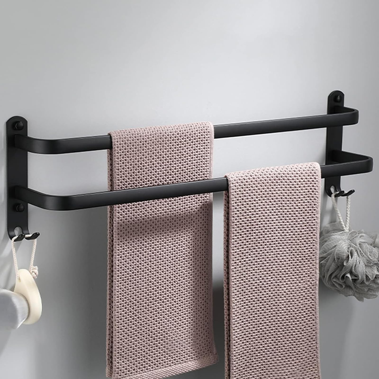 Toallero adhesivo de pared para ducha y cocina, color negro, con ganchos, material de aluminio, 30 cm, no necesita taladrar, para la organización del baño y la cocina.
