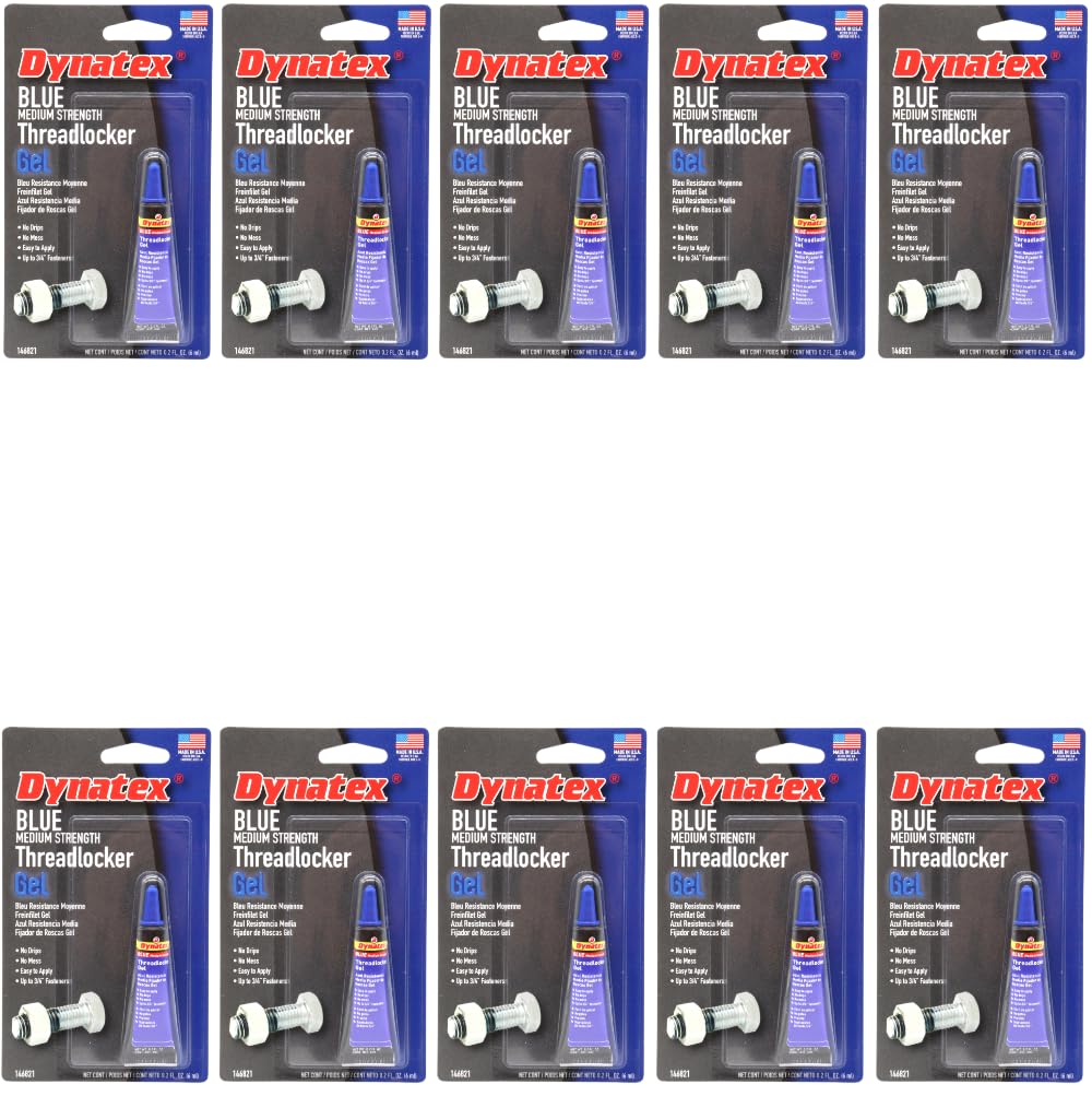 Dynatex Blue Medium Strength Gel Threadlocker 0.20 oz Bottle - Removable with Hand Tools, Locks Fasteners on Metal, Vibration Resistant, Solvent Resistant (10-Pack)