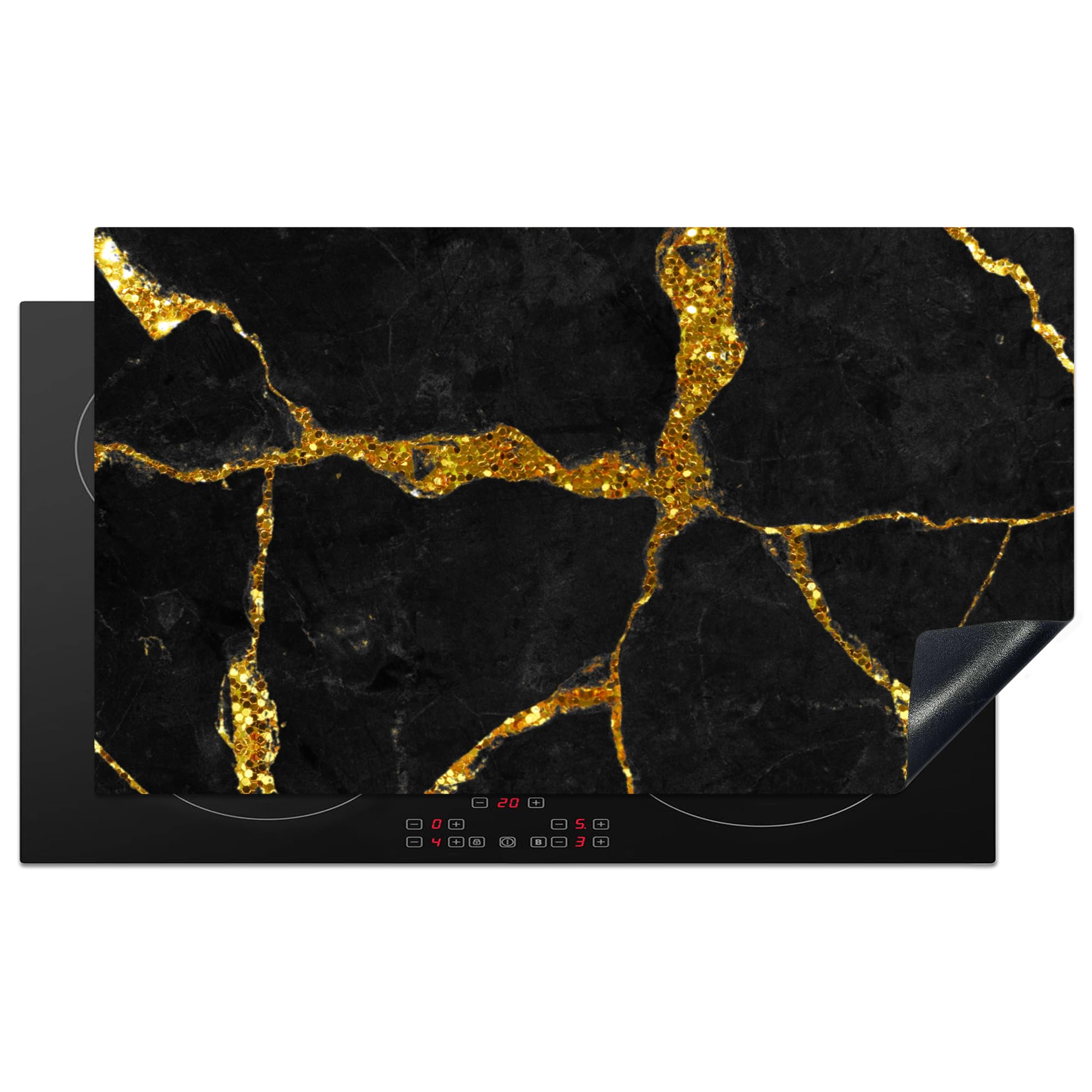 KitchenYeah© Induction Hob Cover Protector Mat 20.3"x35.3" / 89.6x51.6 cm Kitchen Universal Ceramic Covers for Electric Cookers Vinyl Marble - Gold - Black - Marble Look - Glitter