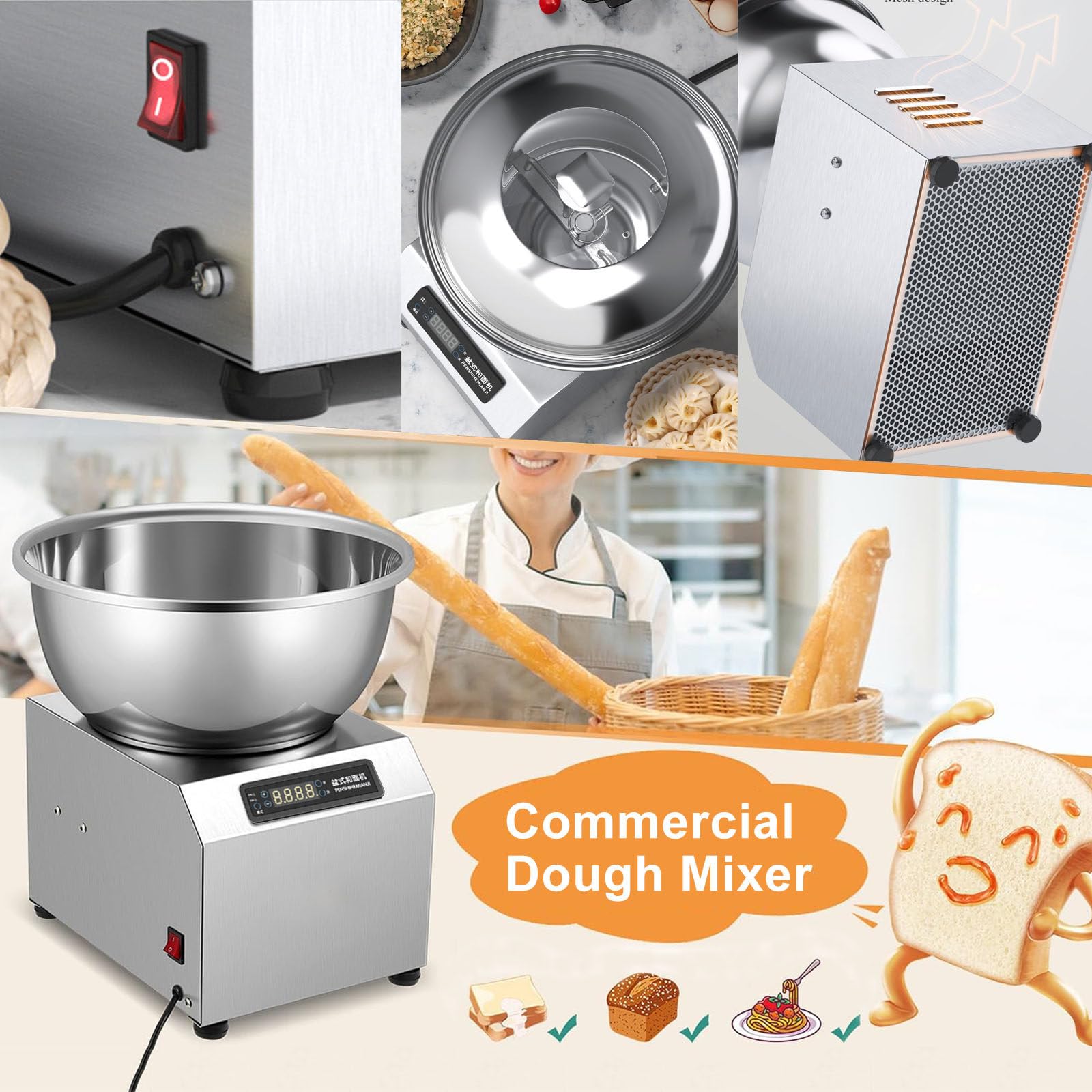 1800W Macchina Impastatrice Rotante, Attrezzatura Da Forno Per Ristorante Pizzeria, Impastatrice Per Pane Con Supporto, Display Del Pannello Di Controllo Lcd, Timer 0-30Min,11.02LBS/5KG