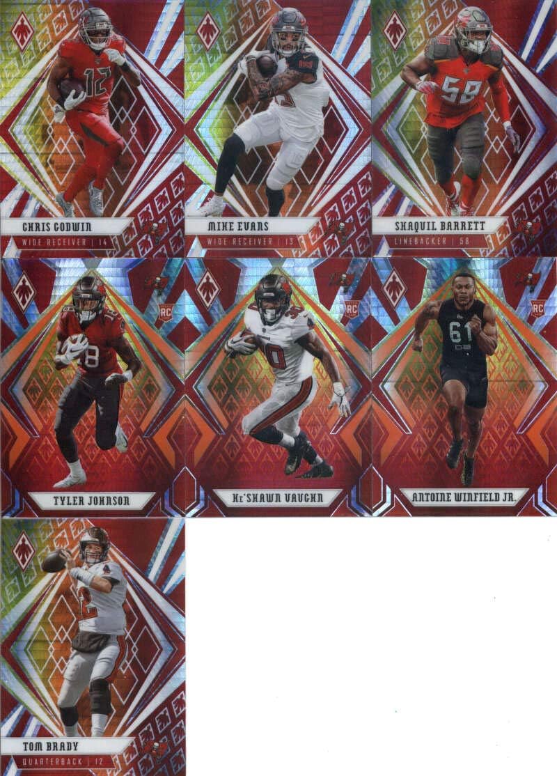 2020 Phoenix Fire Burst Tampa Bay Buccaneers Team Set of 7 Cards: Tom Brady(#35), Chris Godwin(#36), Mike Evans(#37), Shaquil Barrett(#38), Ke'Shawn Vaughn(#137), Tyler Johnson(#142), Antoine Winfield Jr.(#161)