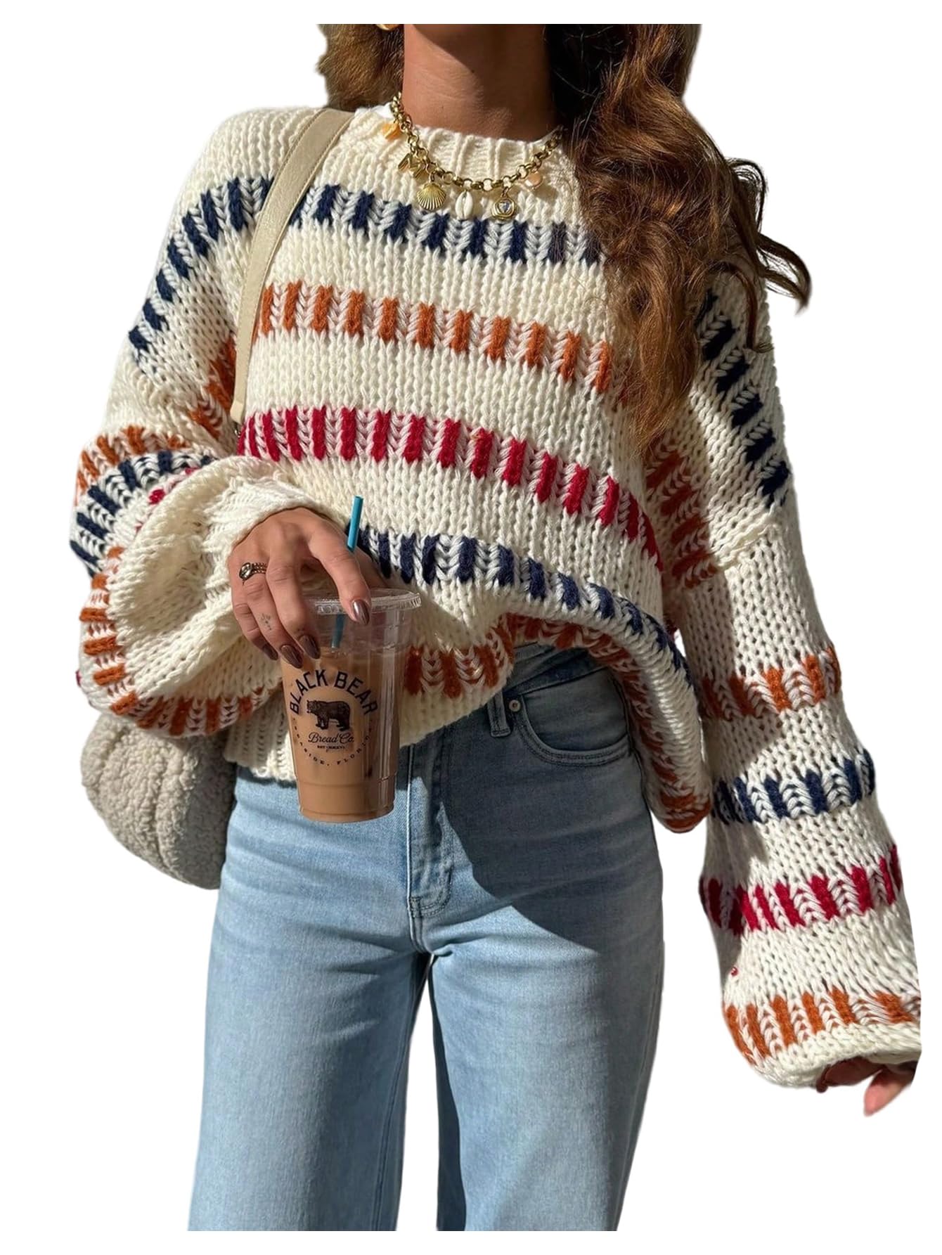 GORGLITTER Womens Striped Color Block Long Sleeve Oversized Sweater Top Fall Casual Chunky Knit Ugly Christmas Sweater