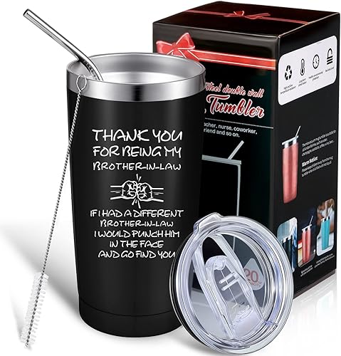 Geiserailie Regalos de Navidad para cuñado para cumpleaños, vaso con tapa, cepillo para popote y caja de regalo, 20 onzas, sellado al vacío, de