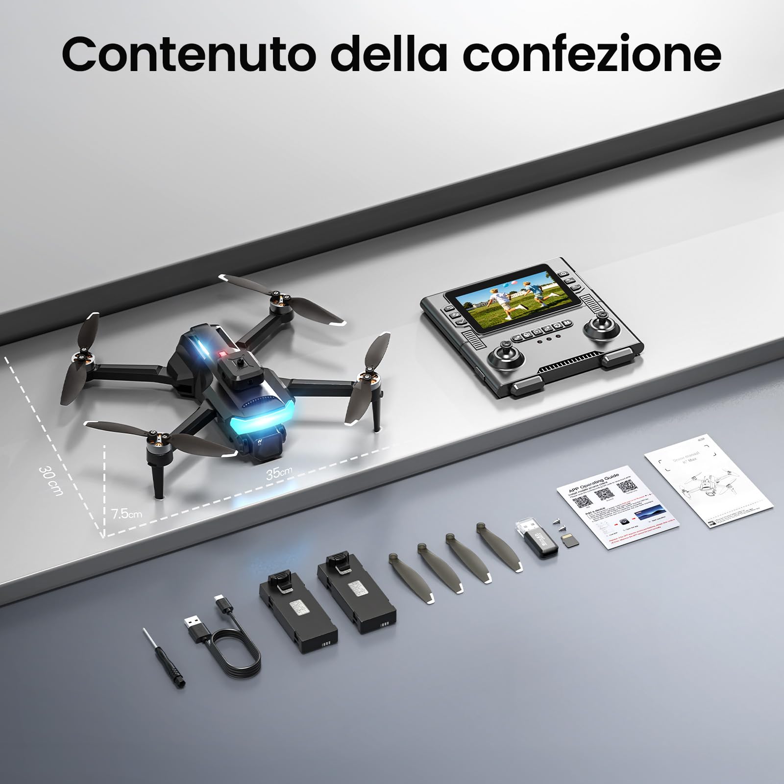 Drone Pieghevole con Fotocamera 1080P per Adulti, Quadricottero RC con Schermo HD da 4,3″, Motore Brushless, Evita Ostacoli, Flusso Ottico, 2 Batterie, Regalo per Principianti