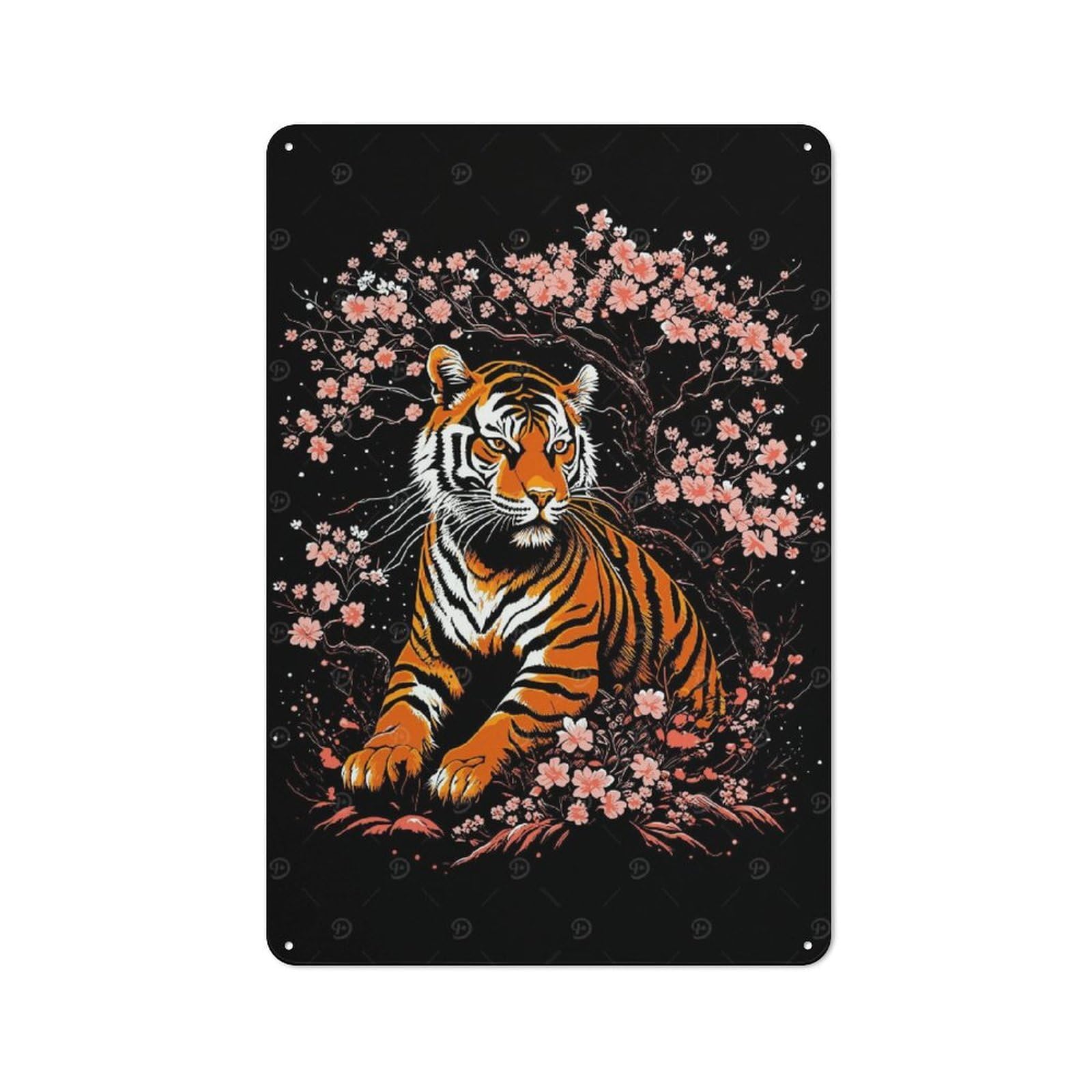 Junmoney Tiger And Sakura Country Style Metal Wall Decor 30X20cm, Decorative Metal Sign For Kitchen, Cafe, Pantry Or Dining Room