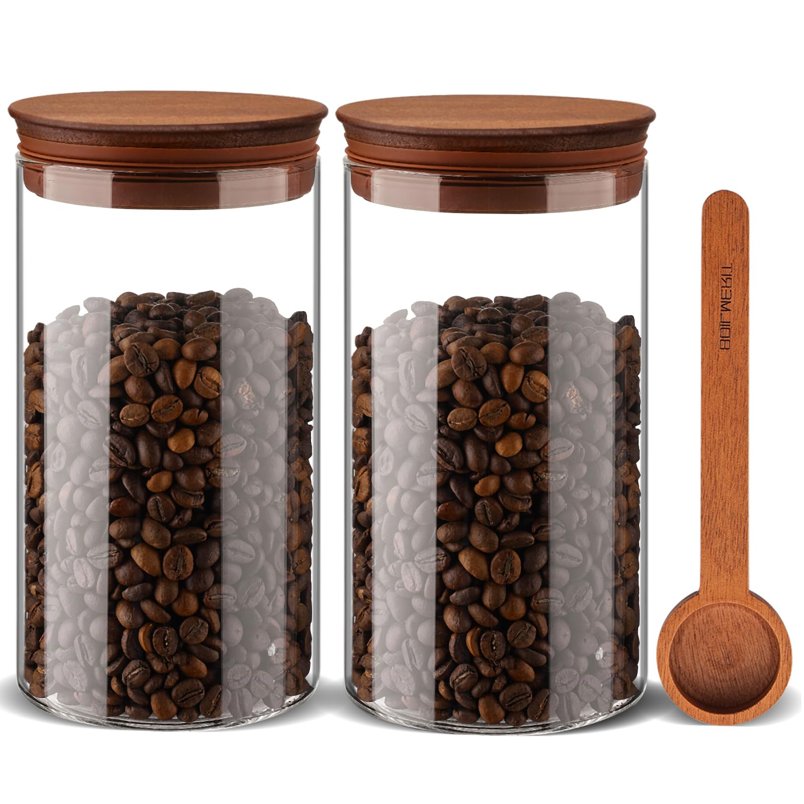 BOILMERIT 37 oz Coffee Canister with Scoop and Wooden Lids, Airtight Storage Container Sets of 2 for Ground Coffee & Beans, Glass Jars for Coffee Bar