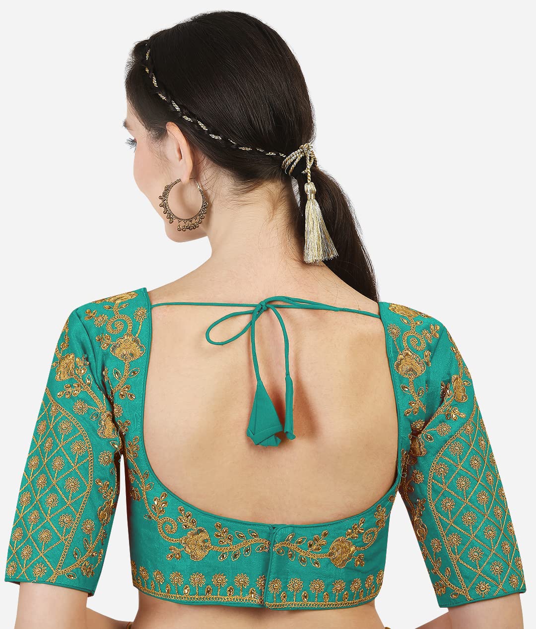 Pujia Mills Women's Embroidery Handwork Thread Zari Stone Work Readymade Blouse (38, Rama)