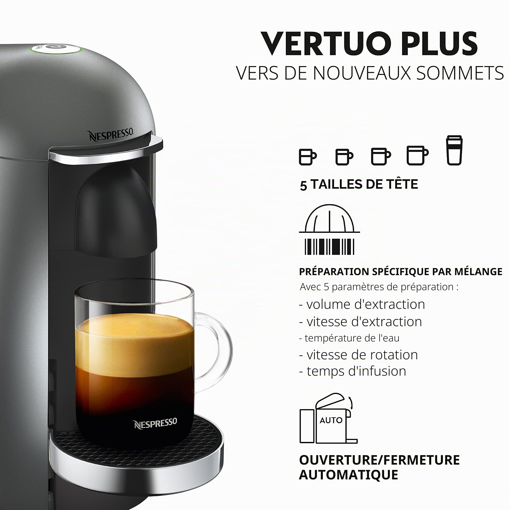 Krups Nespresso Vertuo Plus Machine à café Capacité du réservoir : 1,7 l Titanium/acier inoxydable.