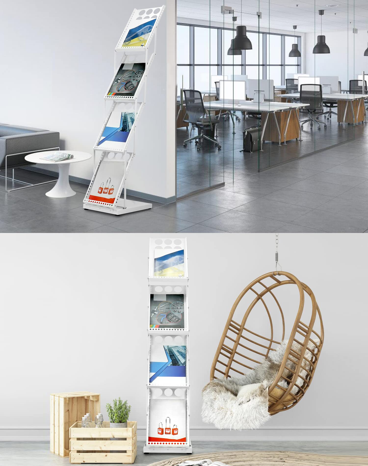 QWORK Faltbarer Prospektständer, Zeitschriftenständer für Broschüren, 4 Taschen, Literaturkatalog, Messeständer, für Bürogeschäft und Ausstellung (weiß)
