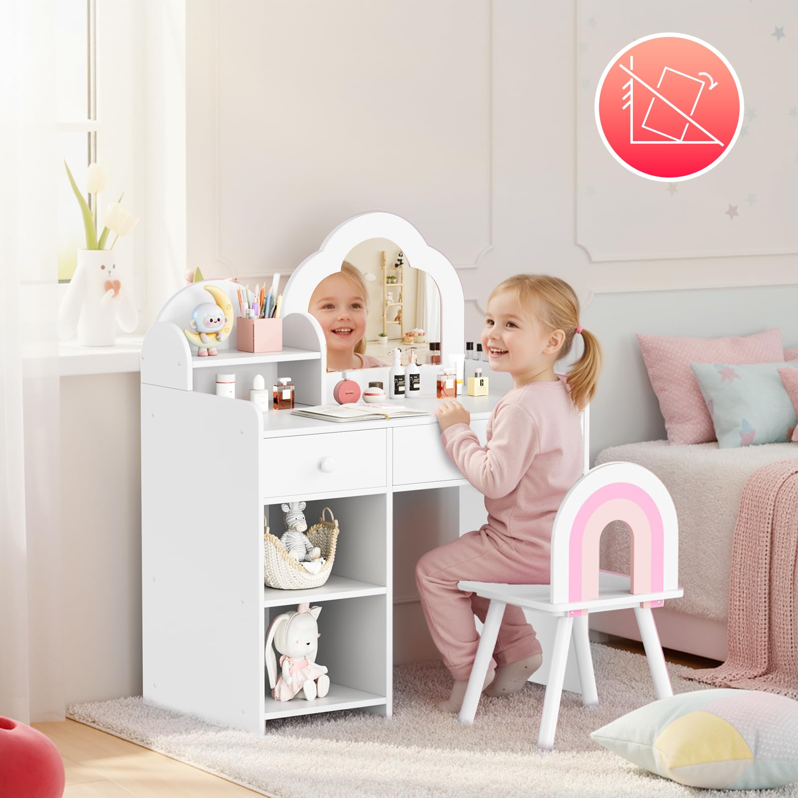 MAMIZO Schminktisch Kinder Set, Wolkenförmiger Kinderschminktisch mit Spiegel, Hocker, Schubladen und Aufbewahrungsschränken, Prinzessin Frisiertisch aus Holz, 73,5x40x90,5cm, Weiß