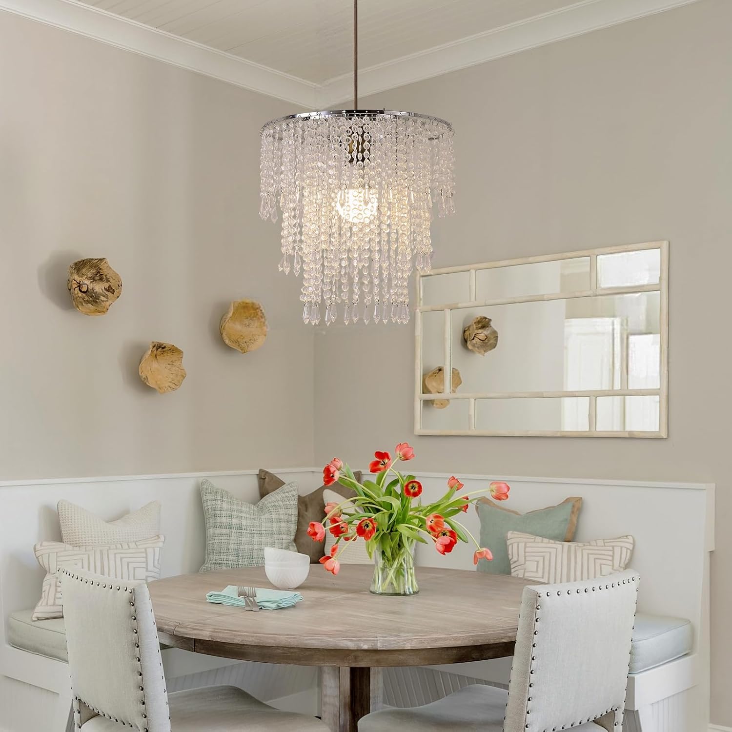 Acrylic Chandelier Shade Modern Ceiling Light Shade Beaded Pendant Lampshade with Acrylic Beads and Chrome Frame Diameter 11.81 inches