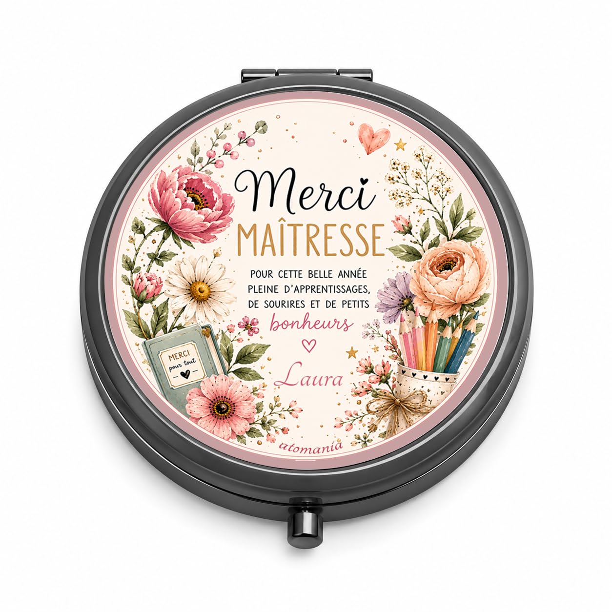 Miroir de Poche Merci Maîtresse Personnalisé – Cadeau Maîtresse Fleuri Fin d'Année Scolaire – Cadeau Institutrice avec Prénom – Miroir Compact Femme