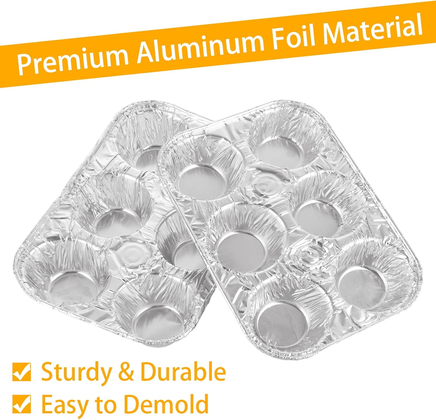 50 Pack 6-Cup Aluminum Muffin Pans, Disposable Muffin Tins for Baking, Standard Size Cupcake Pans for Baking Cupcakes, Muffins and Mini Quiches - 10 x 6.6 x 1.5 inch