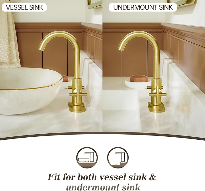 Phiestina Brushed Gold Bathroom Sink Faucet, 4 Inch Single Hole or 3 Hole Centerset Vanity Faucet, with Swivel 360 Degree Spout, Pop Up Drain and Water Supply Line, SGF0310-BG