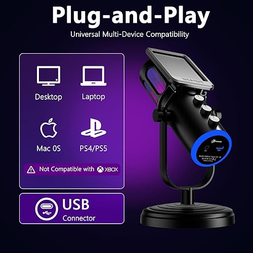 Miniatura 7 de PUPGSIS - Micrófono para juegos para PC, micrófono condensador con cancelación de ruido con luces RGB, silencio, monitoreo, filtro pop, micrófono de