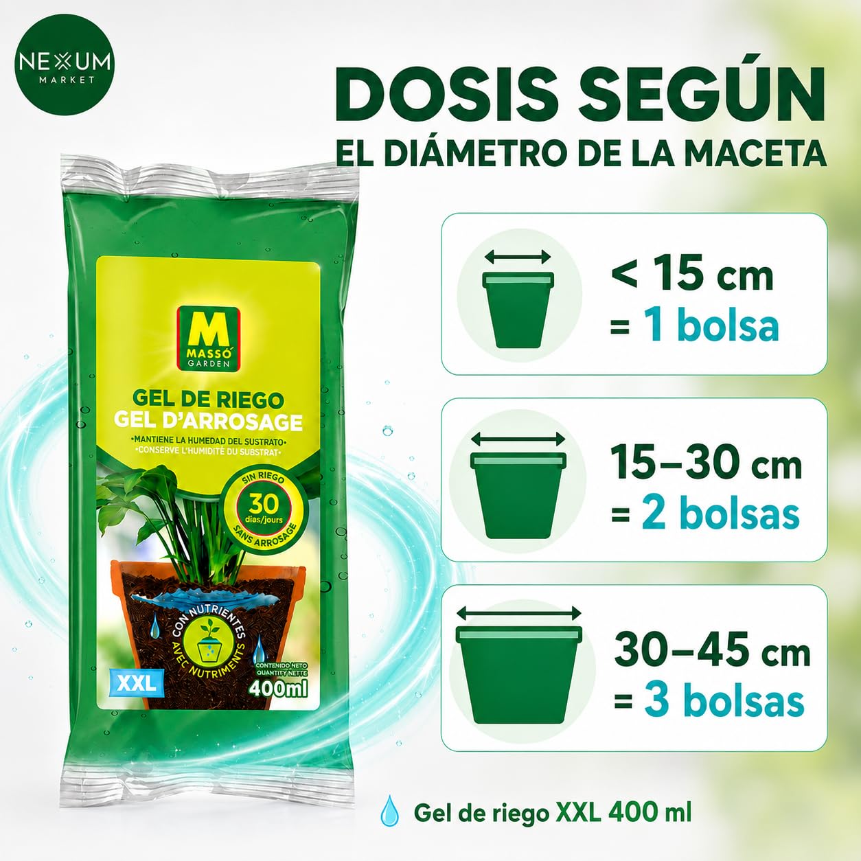 Pack x5 Gel De Riego XXL 400 ml – Hidratación Para Plantas Hasta 30 Días, Agua Gelificada Con Nutrientes NPK y Micronutrientes, Ideal Para Macetas, Jardineras y Vacaciones | Nexum Market