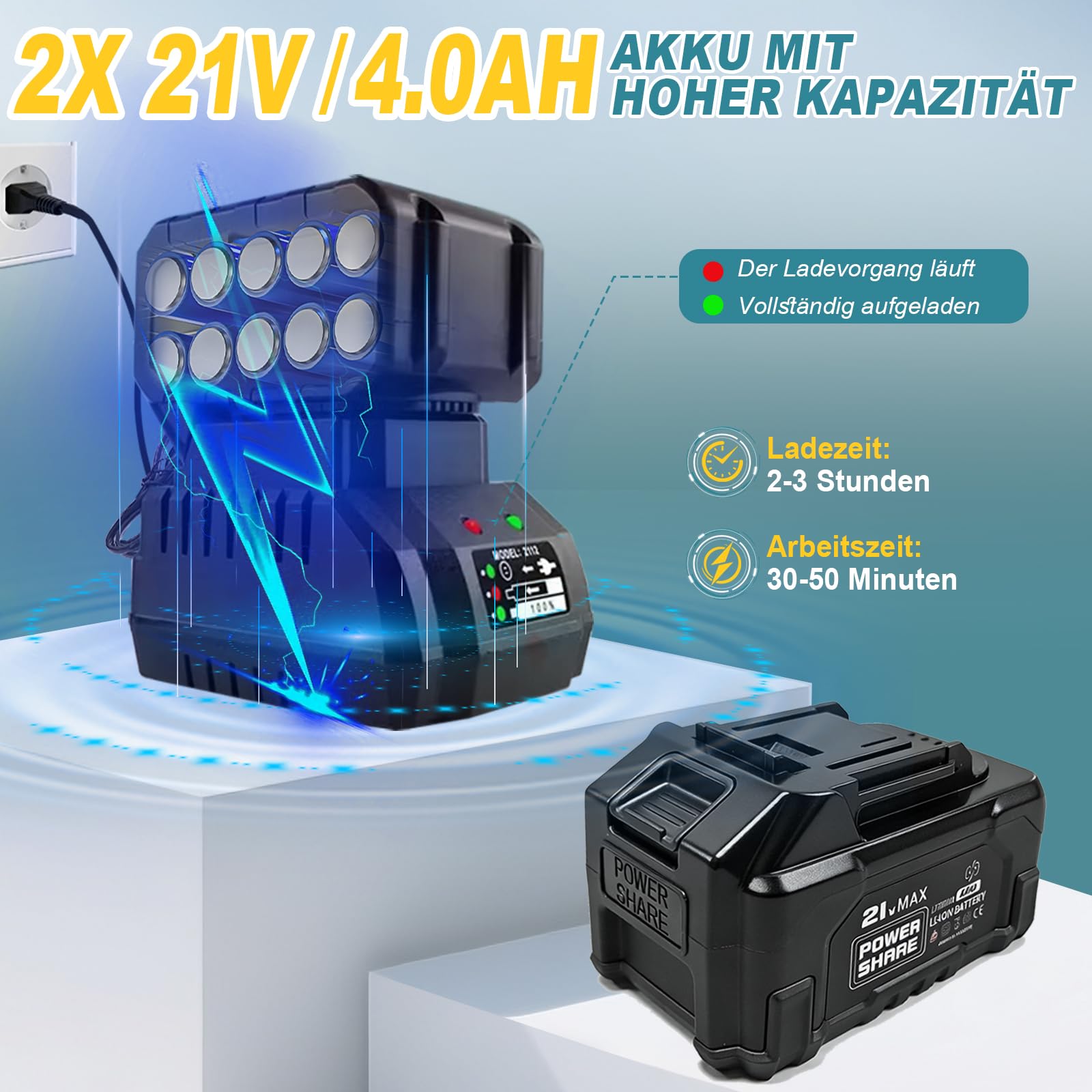 Desbrozadora Bateria 21V, Cortabordes Bateria Brushless con 2 Baterías 4,0Ah, Cepillo de Malas Hierbas, Desbrozadora Electrica 4 En 1 con Ruedas, Cortacesped Electrico Telescópico, Azul