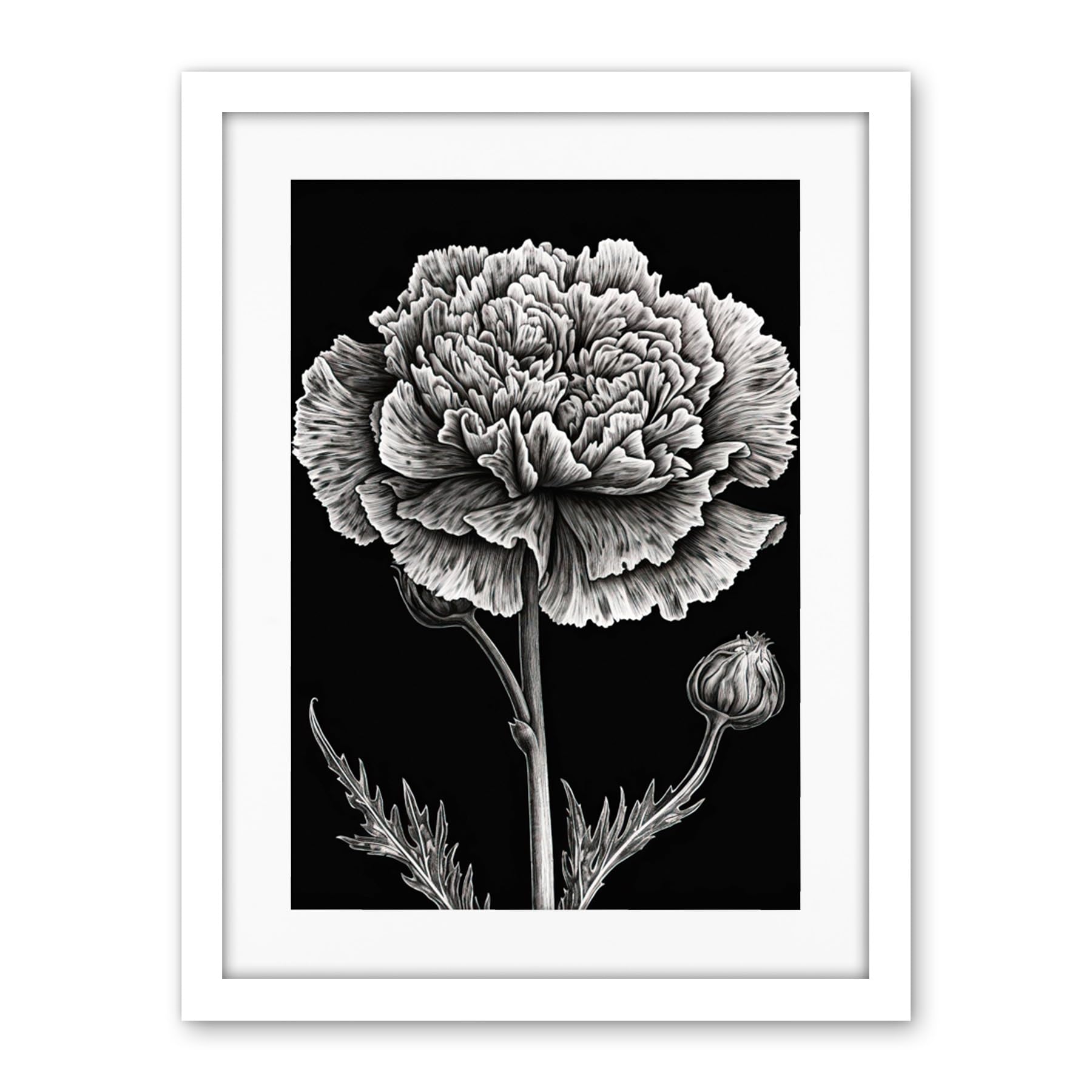 Artery8 Black and White Linocut Carnation Flower Print Artwork Framed Wall Art Print 18X24 Inch