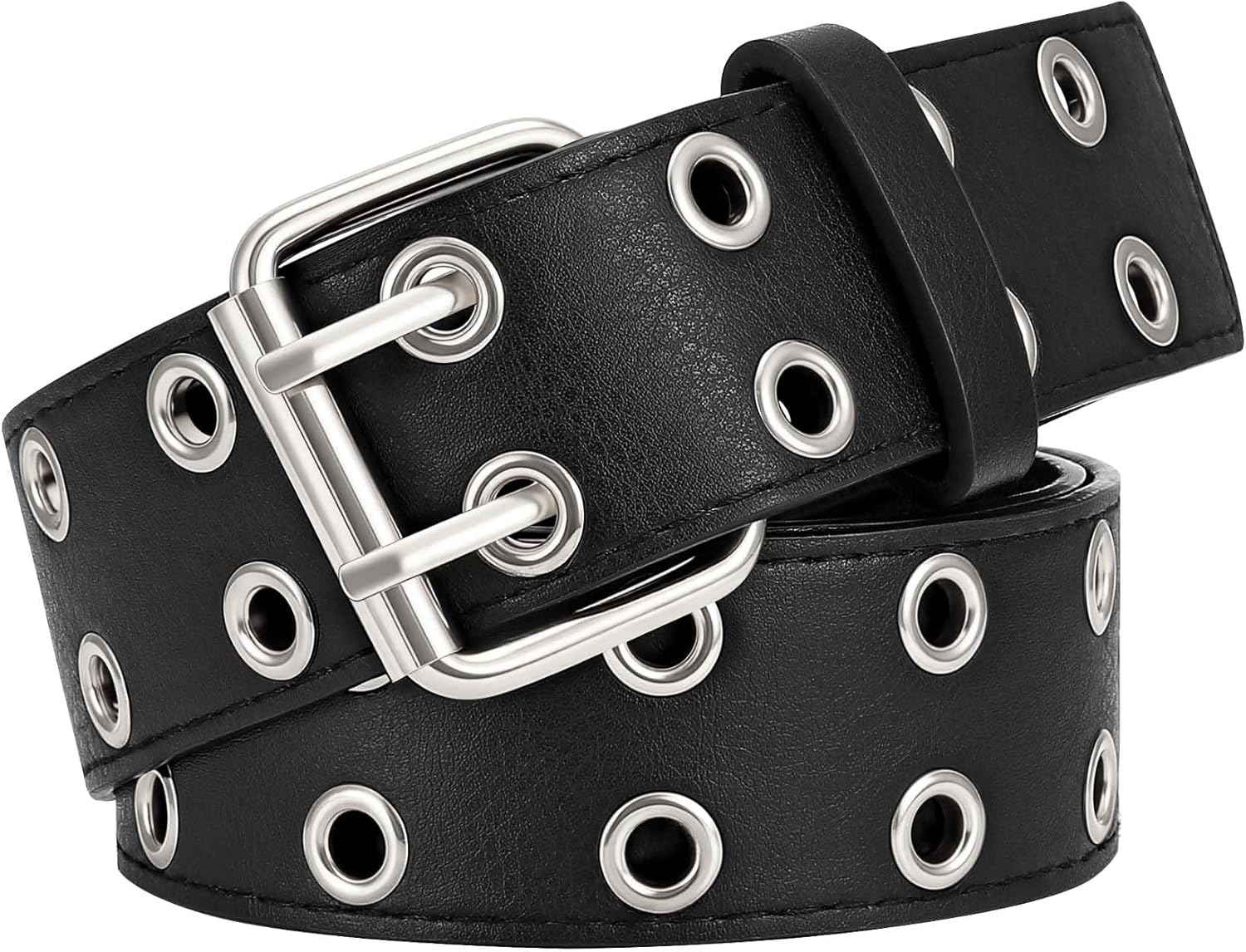 XZQTIVE Double Grommet PU Leather Belt for Women Men Punk metal Jean Belt Wide 1.5 Inch