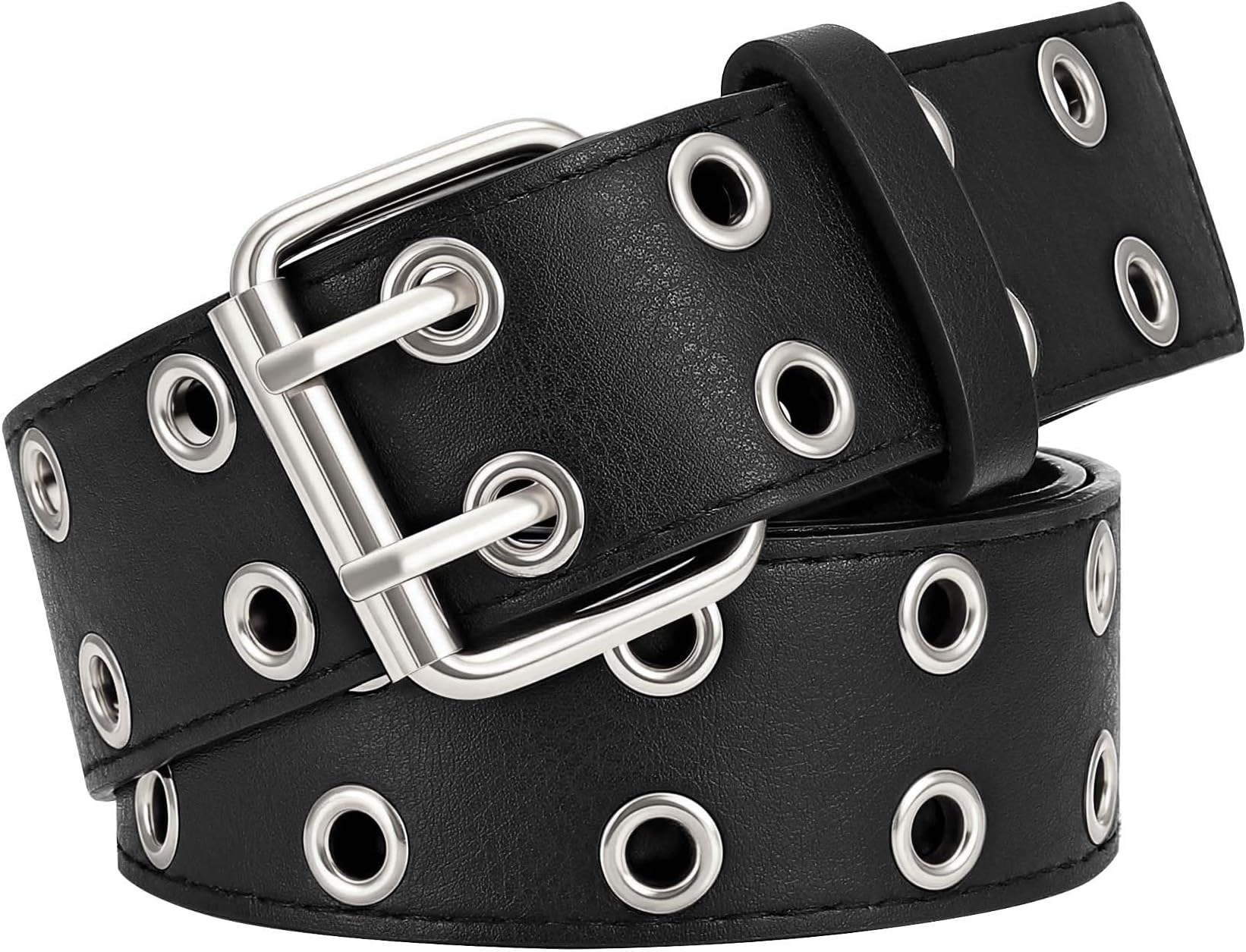 Double Grommet PU Leather Belt for Women Men Punk metal Jean Belt Wide 1.5 Inch