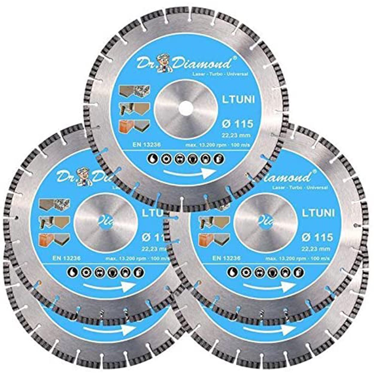 DR. DIAMOND Disco de corte de diamante láser Turbo universal con segmento de diamante turbo de 10 mm para hormigón armado, clinker y materiales de construcción en general (5 x Ø 115 mm – orificio: