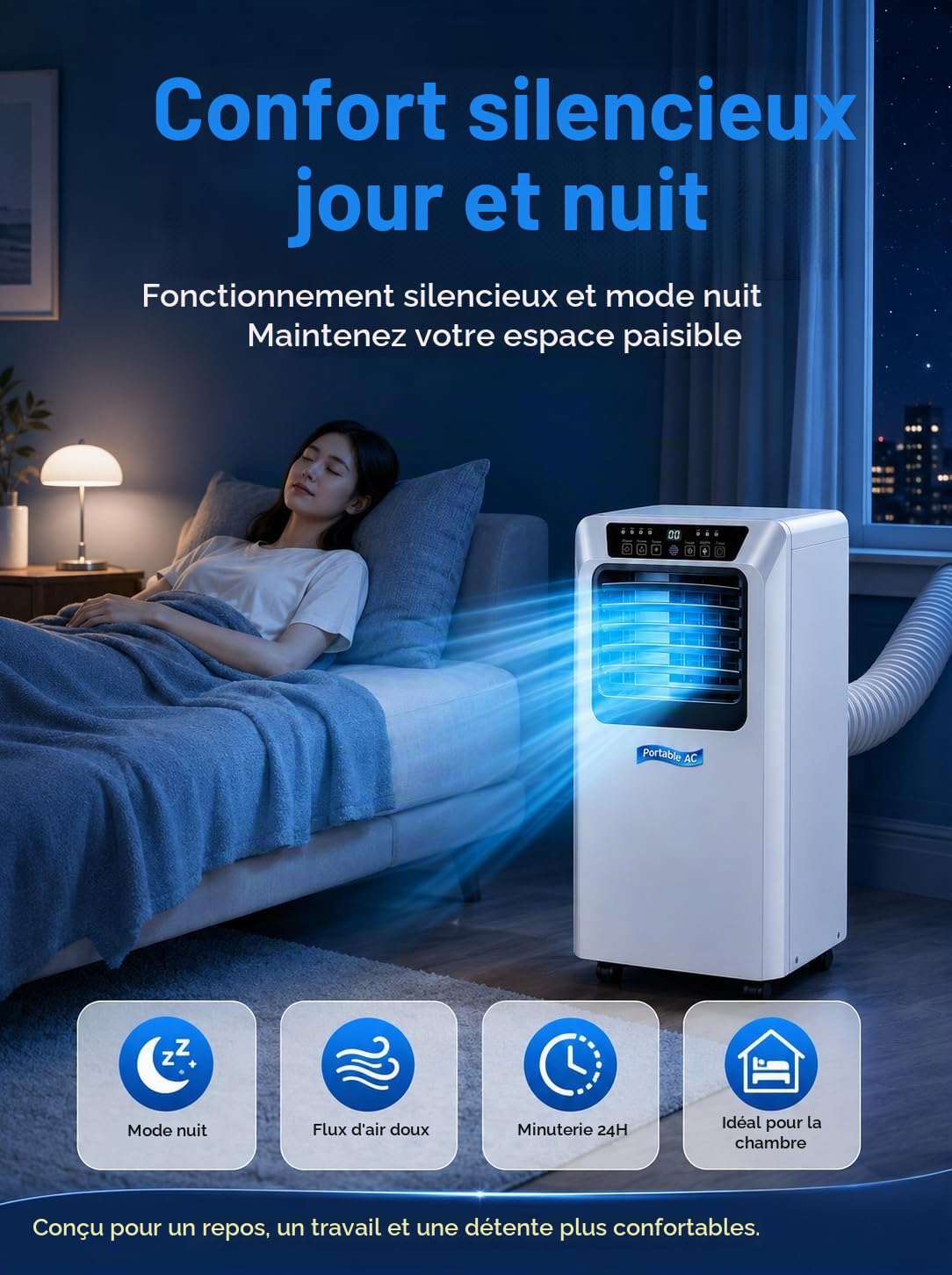 Climatiseur Mobile Monobloc 3 en 1 avec Tuyau d’Évacuation (9000BTU)