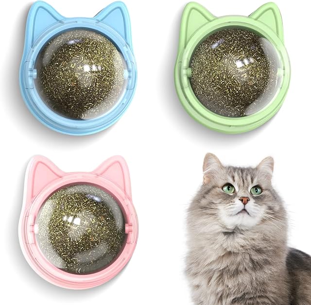 TOMAN 3 Pack Catnip Lick Balls Toys for Cat, Cat Toys For Indoor Cats Adult, Kitten , Cat Teeth Cleaning, Natural Cat Toy,Rotatable Catnip Ball (Pink + Blue +Green)