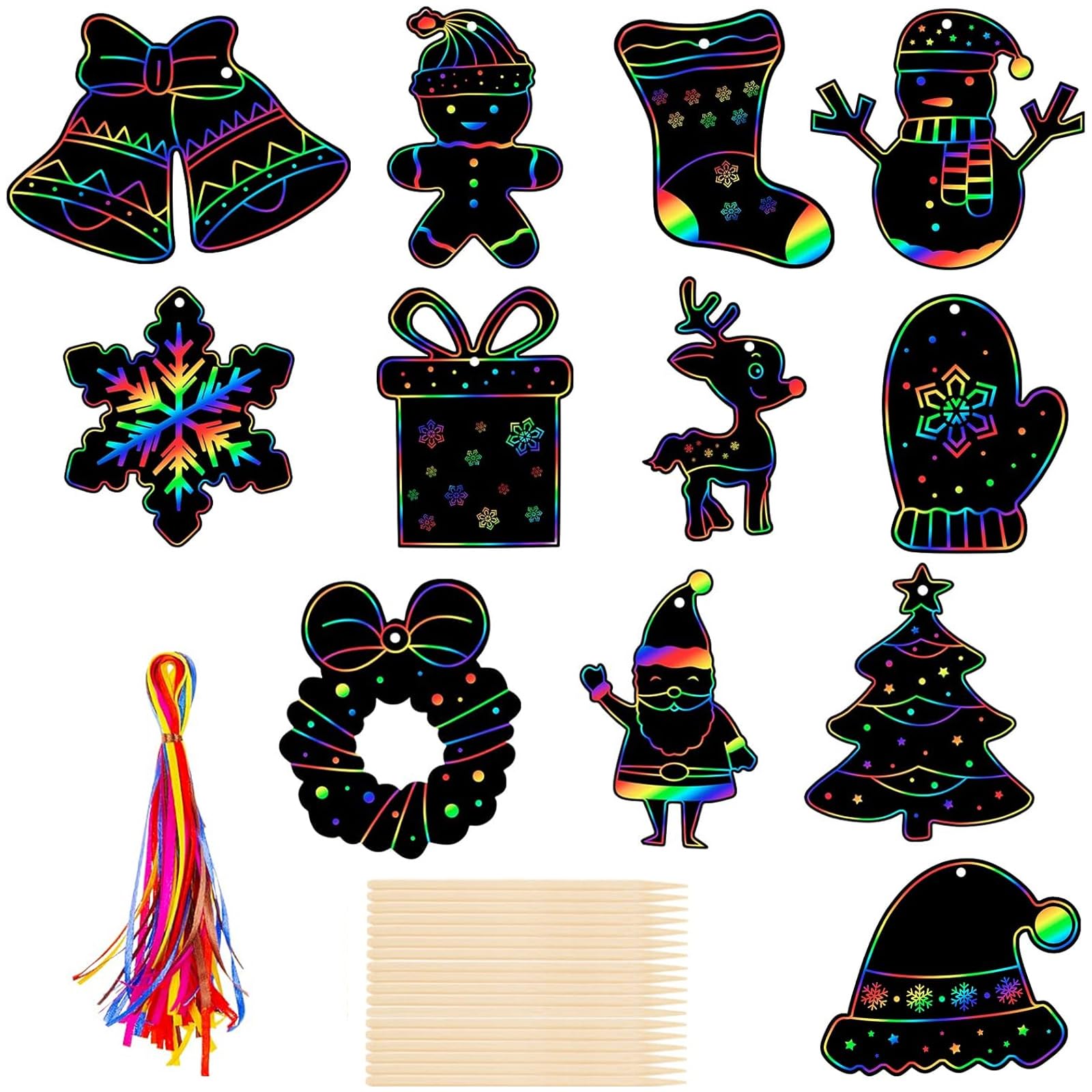 36 Pezzi Natalizie Scratch Art, Natale Fogli di Disegni Scratch, Carta Arcobaleno da Grattare con 36 Corde Colorate e 18 Penna in Legno, per Regalini Natale, Decorazione di Natale (Christmas