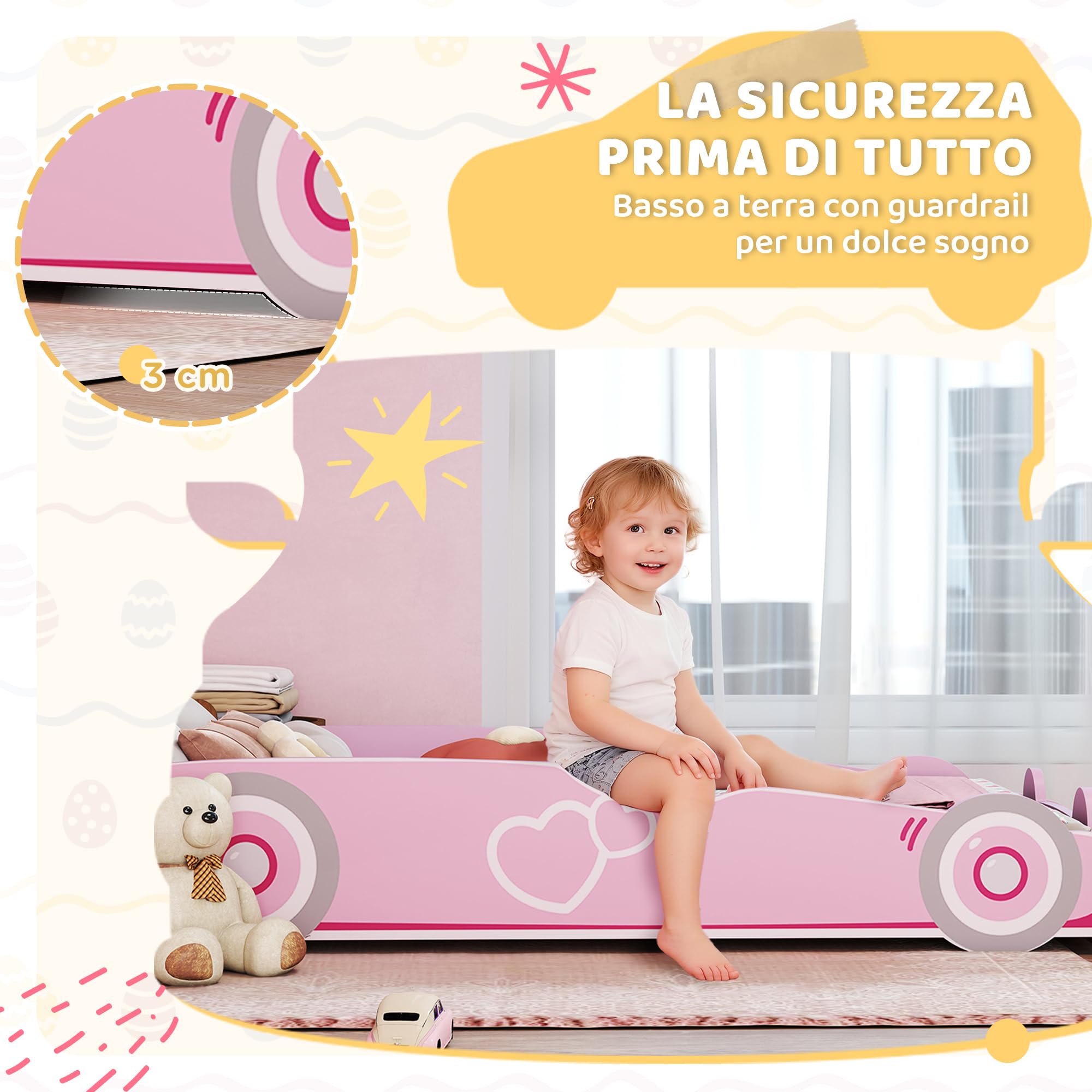 AIYAPLAY Letto per Bambini a Forma di Macchina, Lettino per Bambini da 3-5 Anni con Sponde Rialzate di Sicurezza, 140x70 cm, Rosa