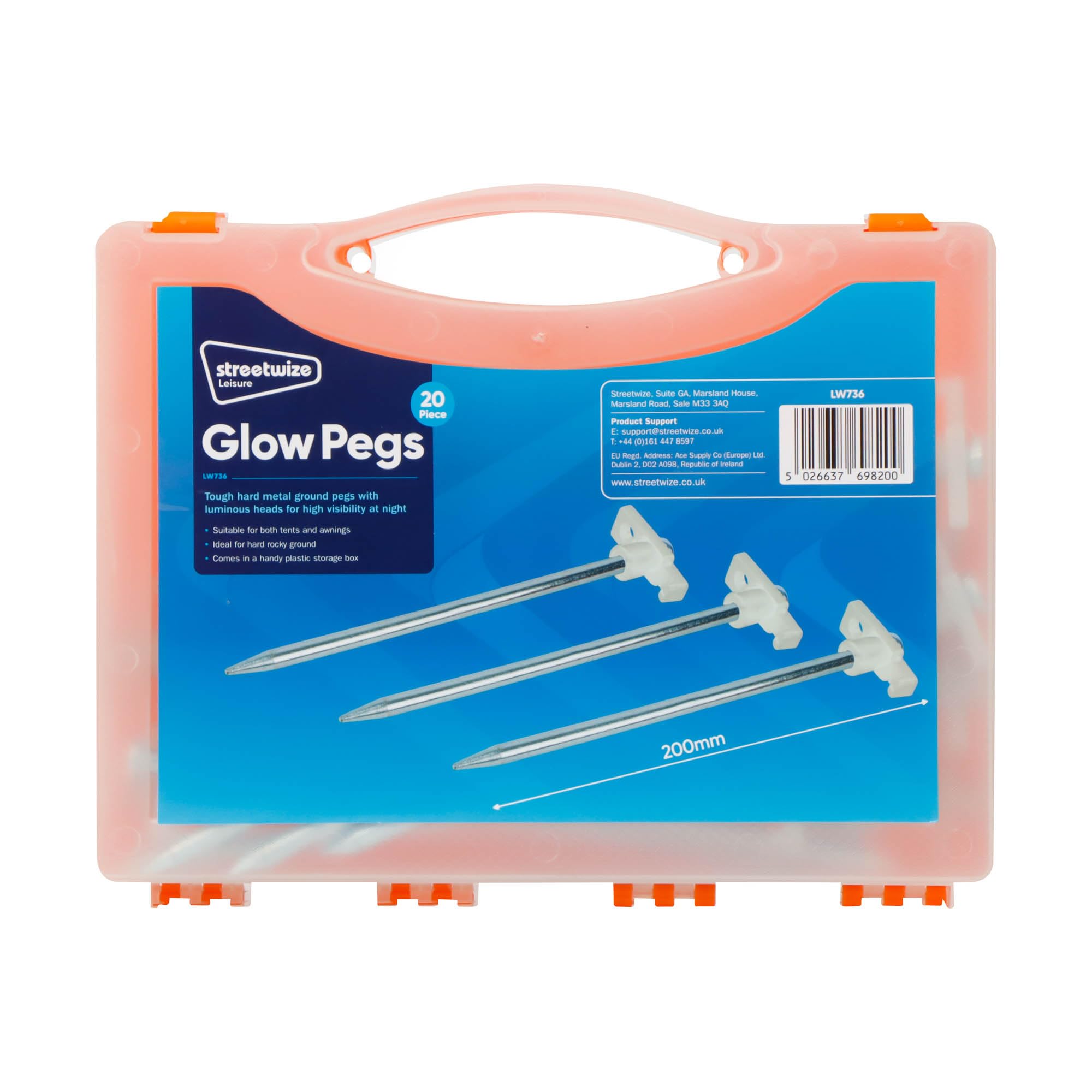 Leisurewize - 20-Piece Tent Peg Set, Metal Heavy Duty Camping & Awning Pegs - With Tent Peg Puller Stainless Steel 20cm Galvanized Steel Rust Proof with Storage Box (20Pc Glow Pegs)