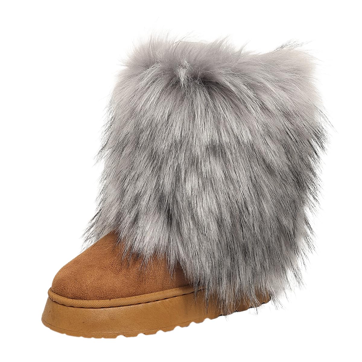 Womens Faux Fur Mid Calf Short Snow Boots Round Toe Suede Warm Fur Lined Platform Flat Shoes Comfort