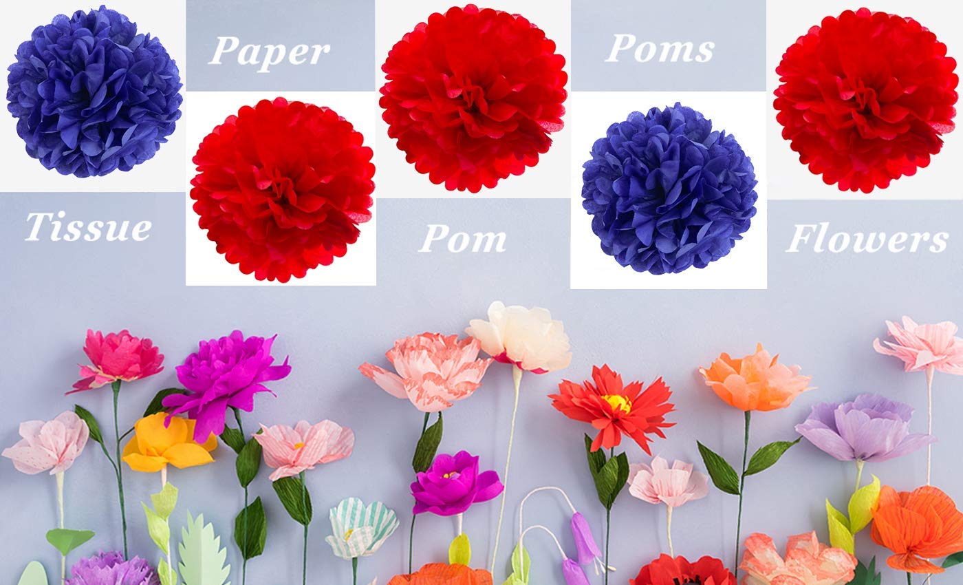 AMFIN® 18 Pcs. 10" Tissue Paper Pom Pom Flower Balls for Birthday Wedding Party Anniversary Welcome Baby Shower Decorations - Red & Navy Blue 4