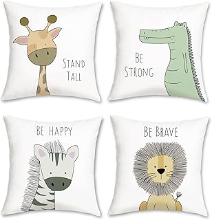 Bonhause Kids Animals Throw Pillow Covers 18x18 Inch Set of 4 Giraffe Lion Zebra Crocodile Pillows Soft Velvet Cushion Covers for Baby Room Kids Bedroom Decor