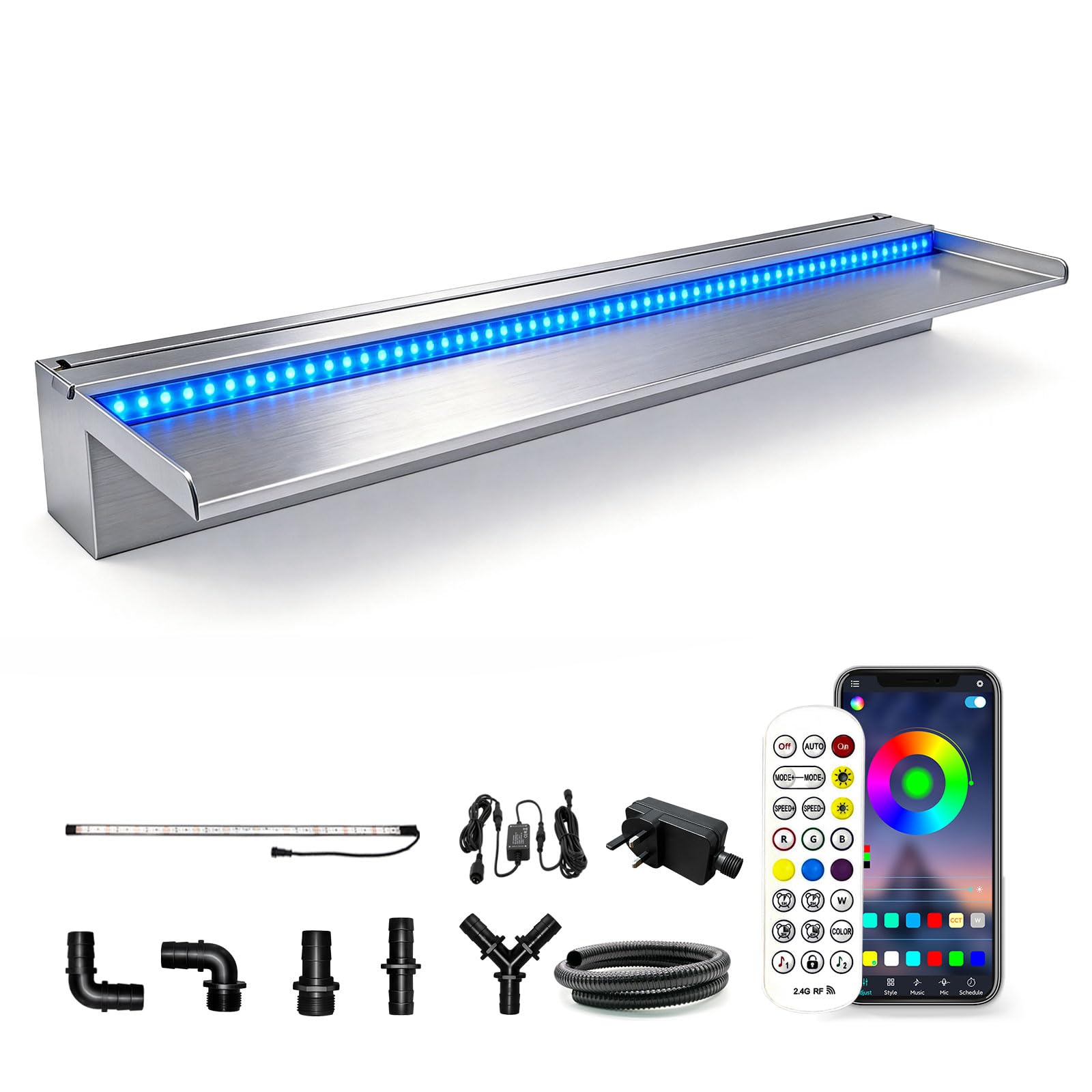 LONGRUN 90cm Pond Waterfall Blade with Bluetooth RGB LED Light, Stainless Steel Complete Waterfall & Stream Kits