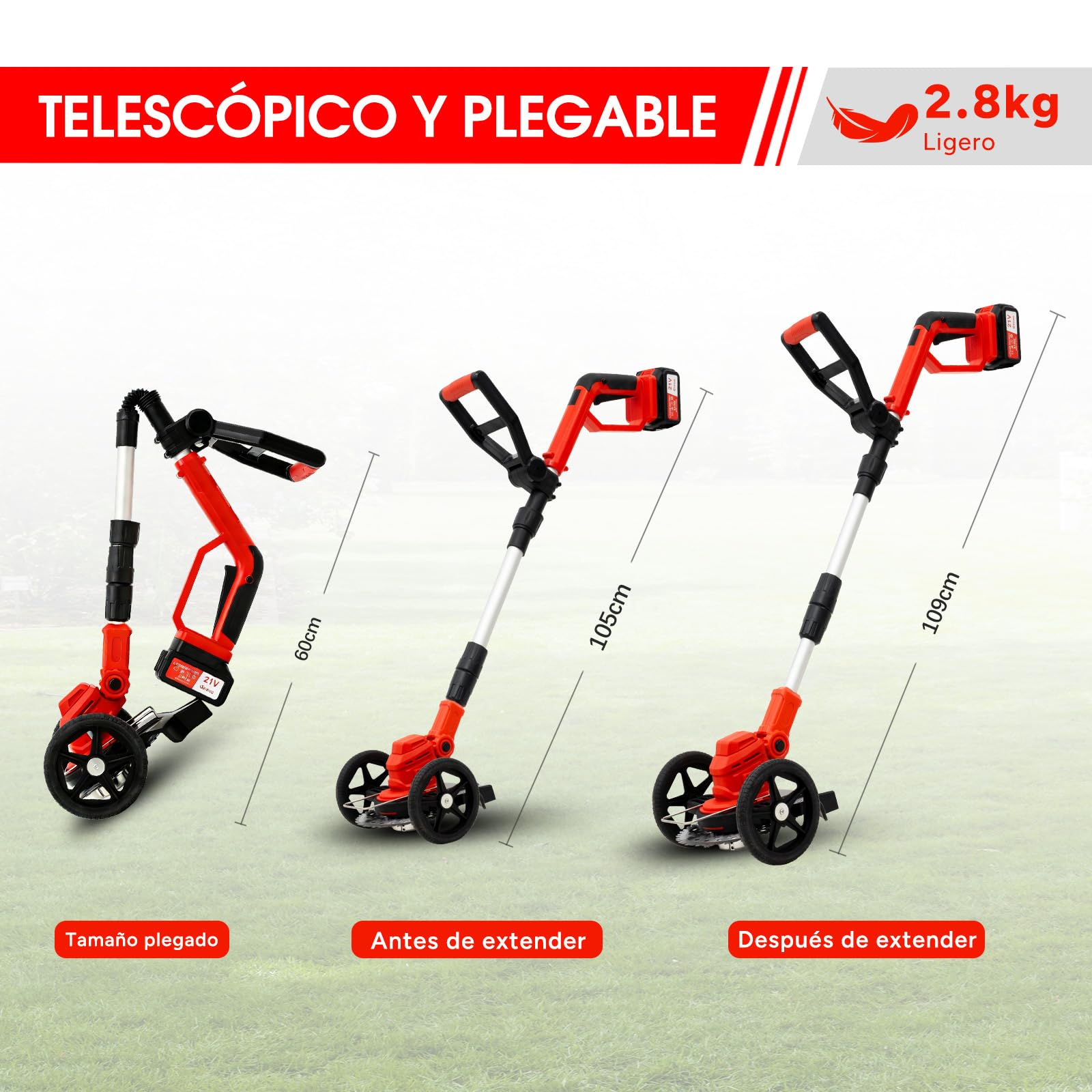 OUTIGO Cortacésped inalámbrico, Desbrozadora Bateria, batería de 2× 21V 4Ah, Cortabordes electrico 3 en 1, Mango telescópico Plegable, desbrozadora de jardín a batería
