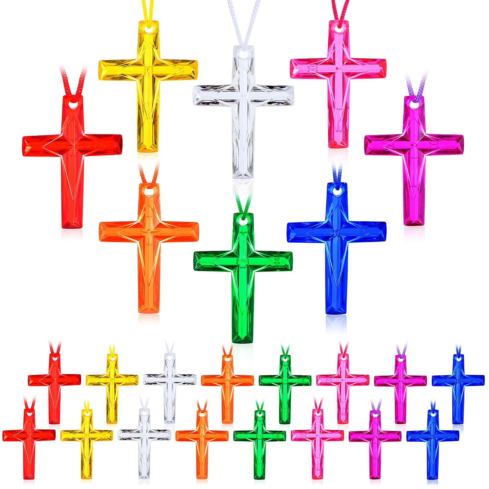 NCPLYGOU 128Pcs Plastic Cross Necklace, 8 Colors Crystal Cross Necklace, Bulk Christian Religious Party Favors,Birthday Gifts for Easter Vacation Sunday School Church(Macaron Color)
