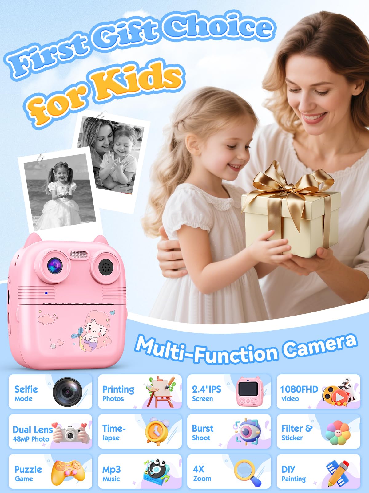 Macchina Fotografica Bambini Istantanea, 48MP e 1080FHD Dual-Camera Obiettivo Fotocamera Digitale con 4 Rulli di Carta da Stampa 2,4 Pollici IPS Schermo di Protezione Oculare 32GB Scheda (Rosa)