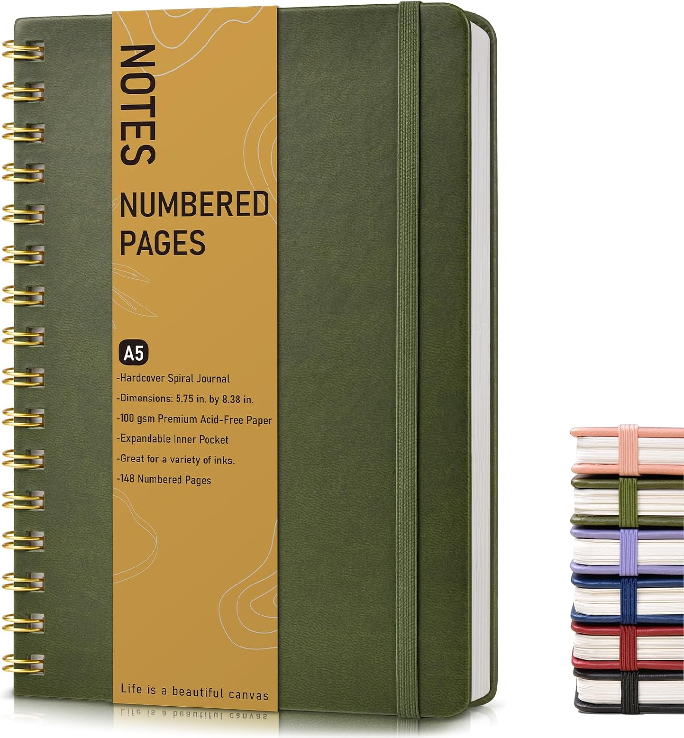 Lined Spiral Journal Notebook, A5 Hardcover Spiral Journals for Women Men, 150 Numbered Pages Spiral Bound Notebook, 100 GSM College Ruled Notebooks for Writing Note Taking 5.75″ x 8.38″, Olive Green