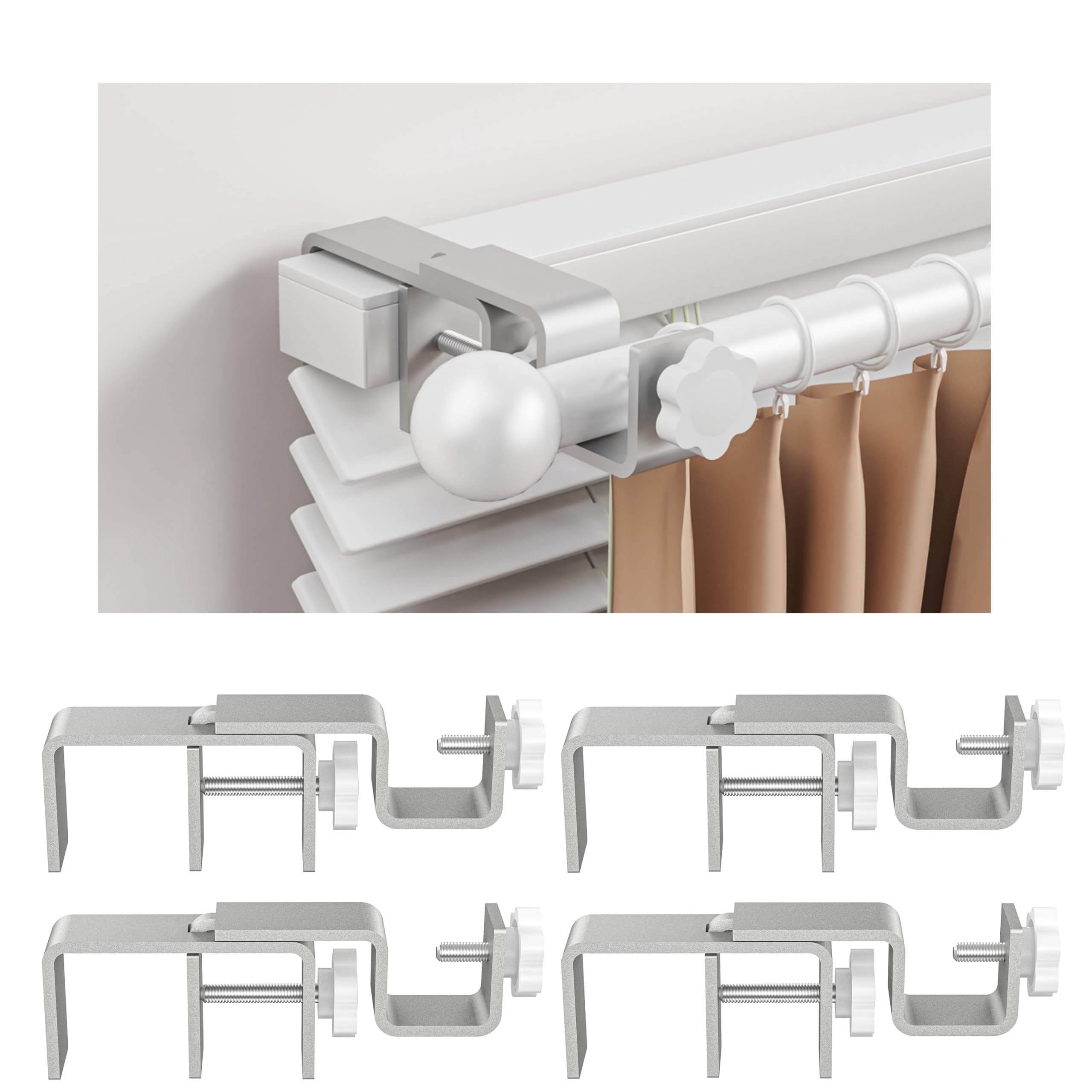 Outside Mounted Blinds Curtain Rod Bracket, Adjustable 1.3 - 2 Inch Width Track, Tool-Free and Drill-Free, Ideal for Living Rooms, Bedrooms, Apartments, and Offices Curtain Rod Brackets, 4Pcs-Silvery