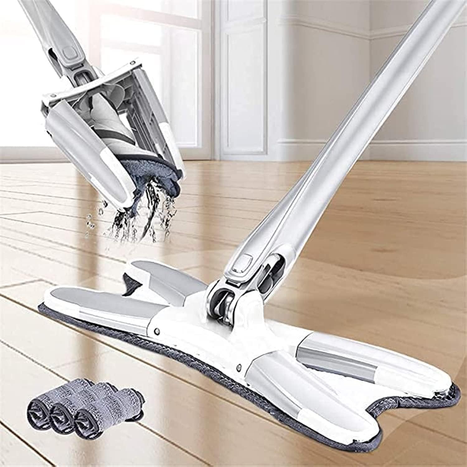 X-Type Microfiber Floor Cleaning Mop Home, Bucket Mop Cleaner Manual Extrusion Household Floor Mop Pad Wet & Dry Adjustable Twist Floor Cleaning Mop (Silver)-image-45