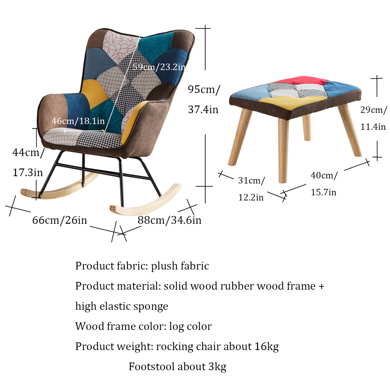Tkanina bazowa z litego drewna, tapicerowany fotel bujany z otomaną, do salonu, sypialni, patio, patchworkowy, pluszowy, fotel bujany, wysokie oparcie