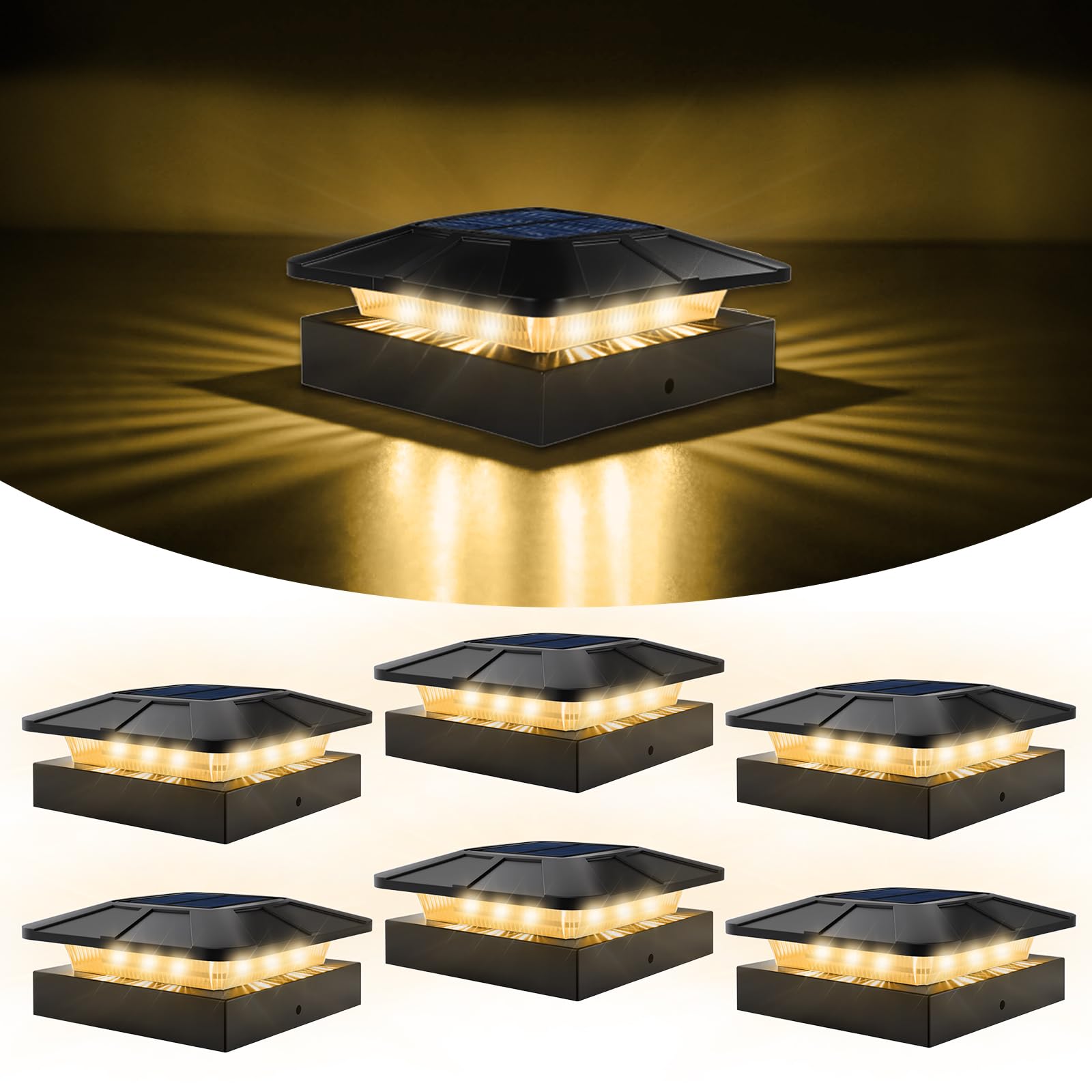 Spacelumen 6 Pack 4x4 Solar Post Cap Lights Outdoor – Solar Powered with 3 Lighting Modes (Cool/Warm/Neutral White) | Easy Install for 4×4 & 3.5×3.5 Wood/Vinyl Posts | Deck, Fence & Garden Lighting