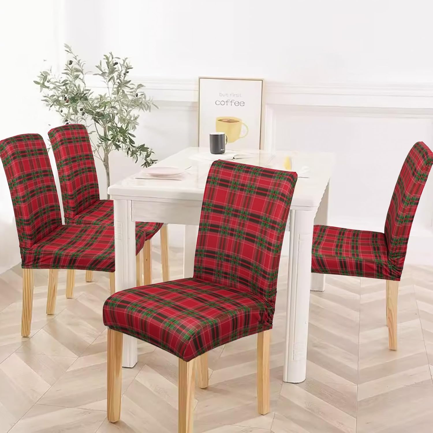 4Pcs Christmas Plaid Chair Covers Set - Stretch Elastic Edge, Removable Red Chair Protectors, Suitable for Dining Room/Kitchen Chairs