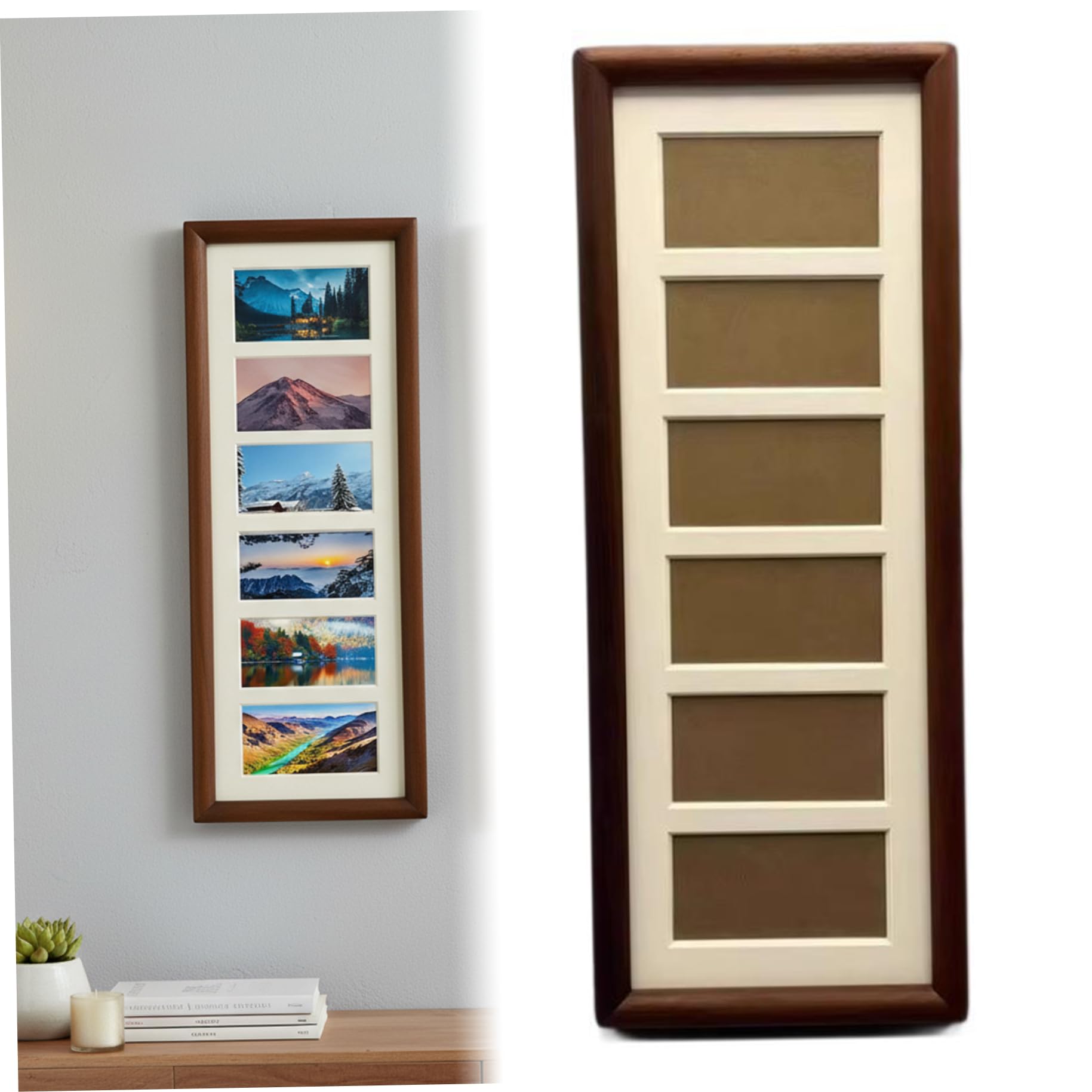 Pineeseatile 4x12 Frame, Walnut Wood Collage Multi Photo Frame with 6 Openings for Wall Art and Tabletop Display for Daily Use