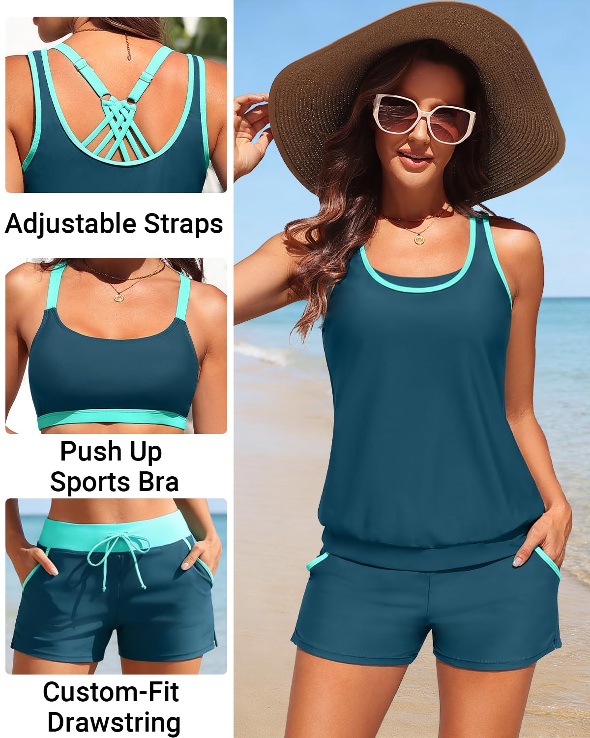 Aqua Eve Tankini-Badeanzug für Damen, 3-teilig, Badeanzüge mit Boyshorts, Bade-Tanktop, Sport-BH, bedeckte Bademode