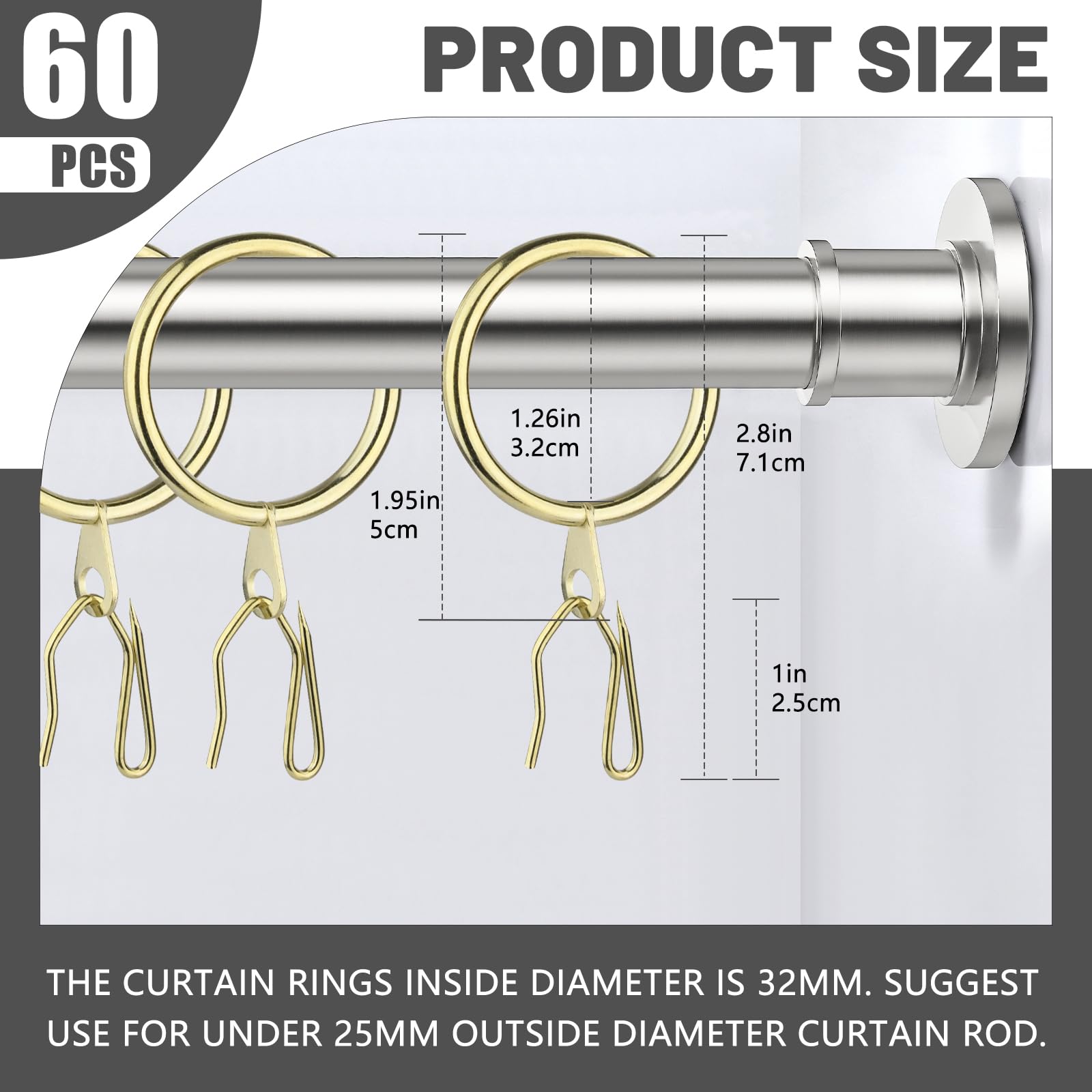 32 Pack Gold Metal Curtain Rings & Pin Hooks Set - 30mm (1.18") Diameter For Hanging Drapes & Shower Curtains - View #4