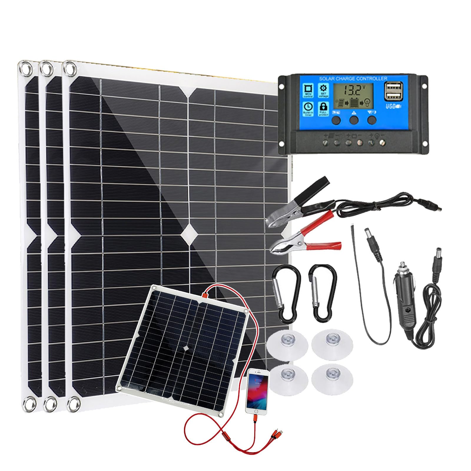 Panel Solar (25w/50w/75w/100w), con Controlador 20A (Carga de batería de 12v), USB Dual 18v/5v, para Autocaravana, Barco, Remolque, Granja,75W